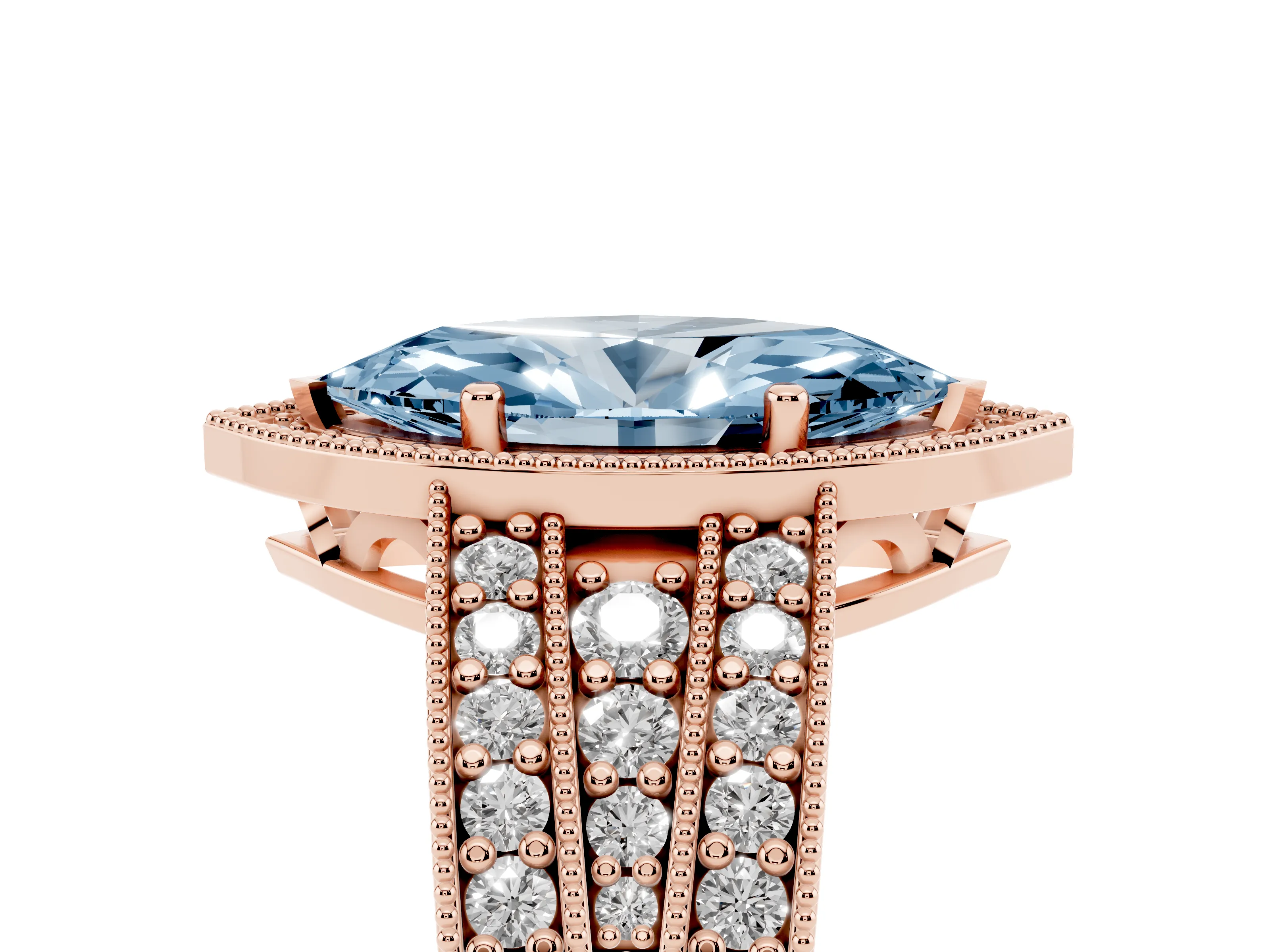 Fancy Blue Marquise Cut Diamond Halo Ring Set in Rose gold with Accent Split Shank and Prong Setting