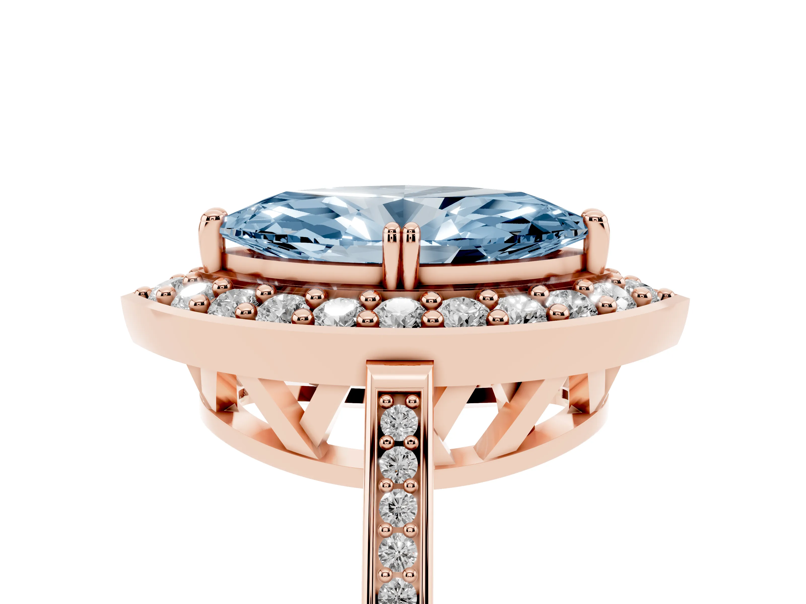 Fancy Blue Marquise Cut Diamond Halo Ring Set in Rose gold with Accent-Lined Split Shank and Prong Setting
