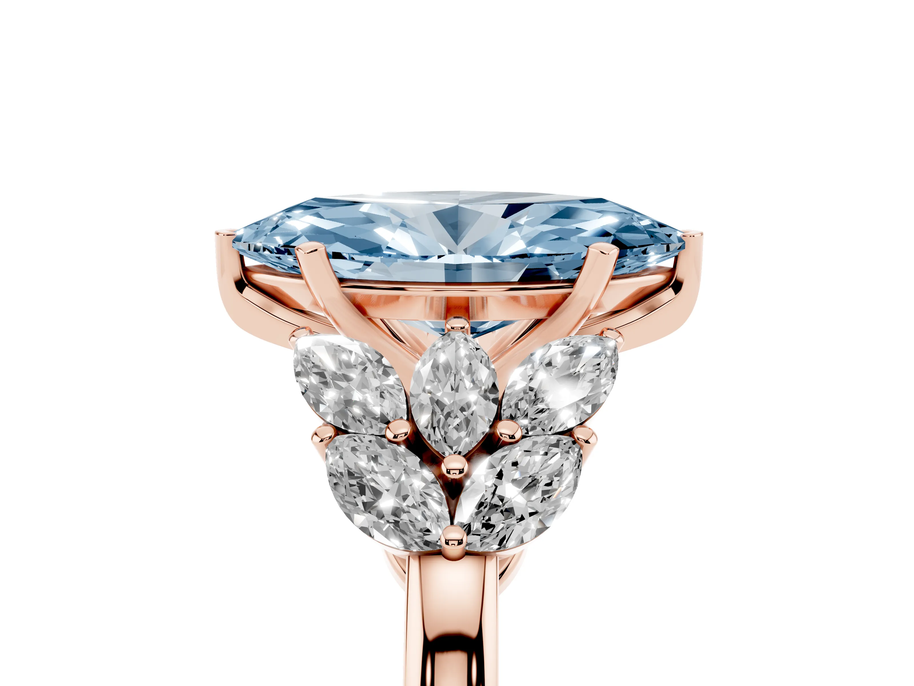 Fancy Blue Marquise Cut Diamond Cluster Leaf Design Ring Set in Rose gold with Prong Setting