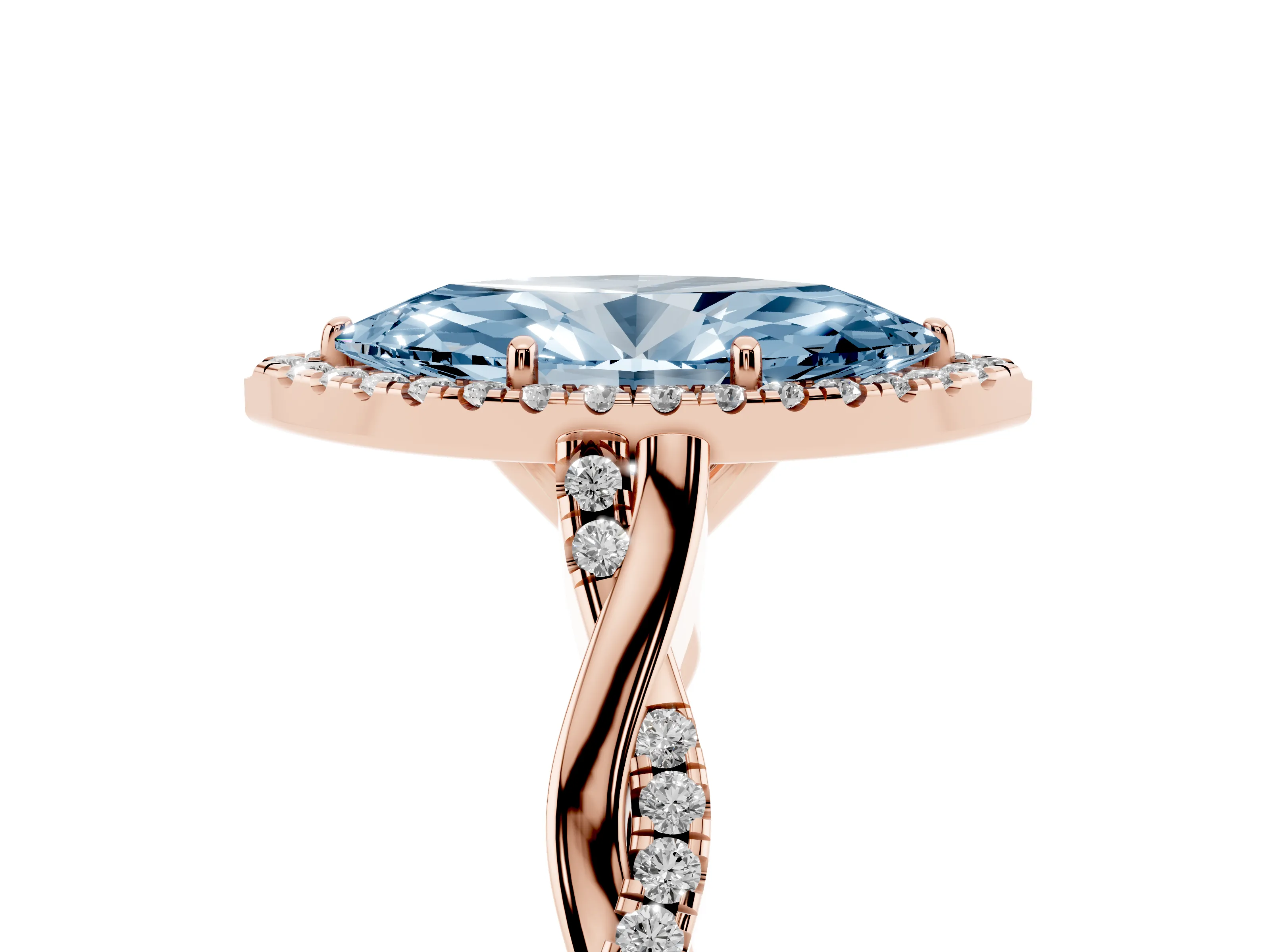 Fancy Blue Marquise Cut Diamond Halo Twist Band Solitaire Ring Set in Rose gold with Prong Setting