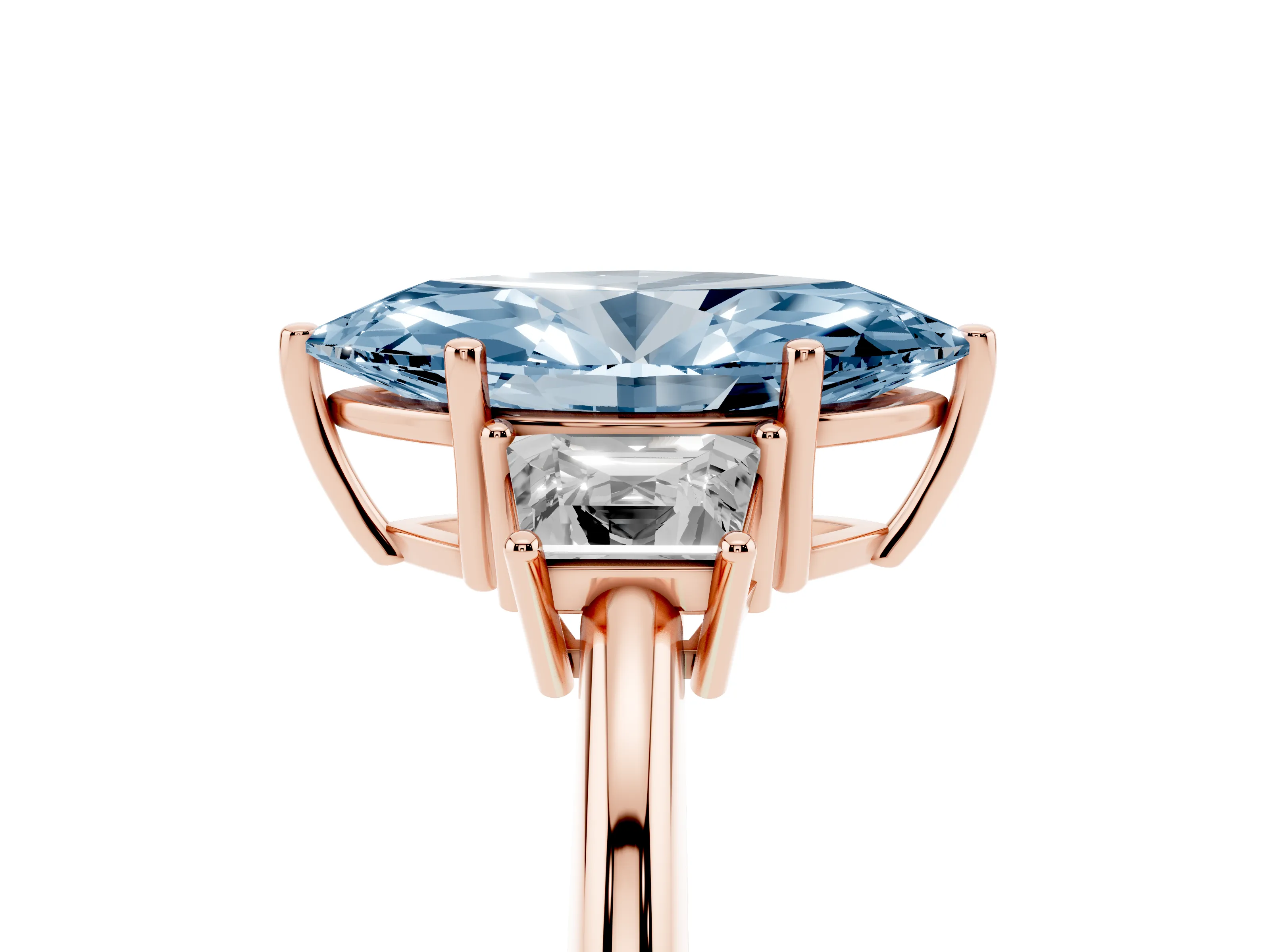 Fancy Blue Marquise Cut Diamond Three-Stone Ring Set in Rose gold with Trapezoid Side Stones and Prong Setting
