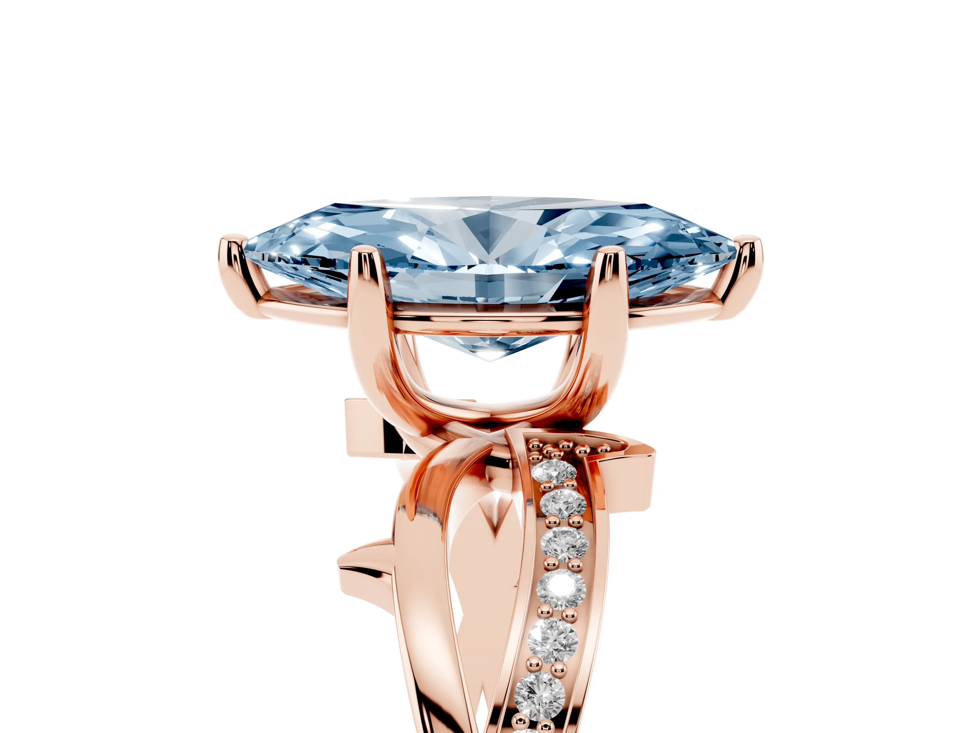 Fancy Blue Marquise Cut Diamond Pavé Twist Band Solitaire Ring Set in Rose gold with Prong Setting