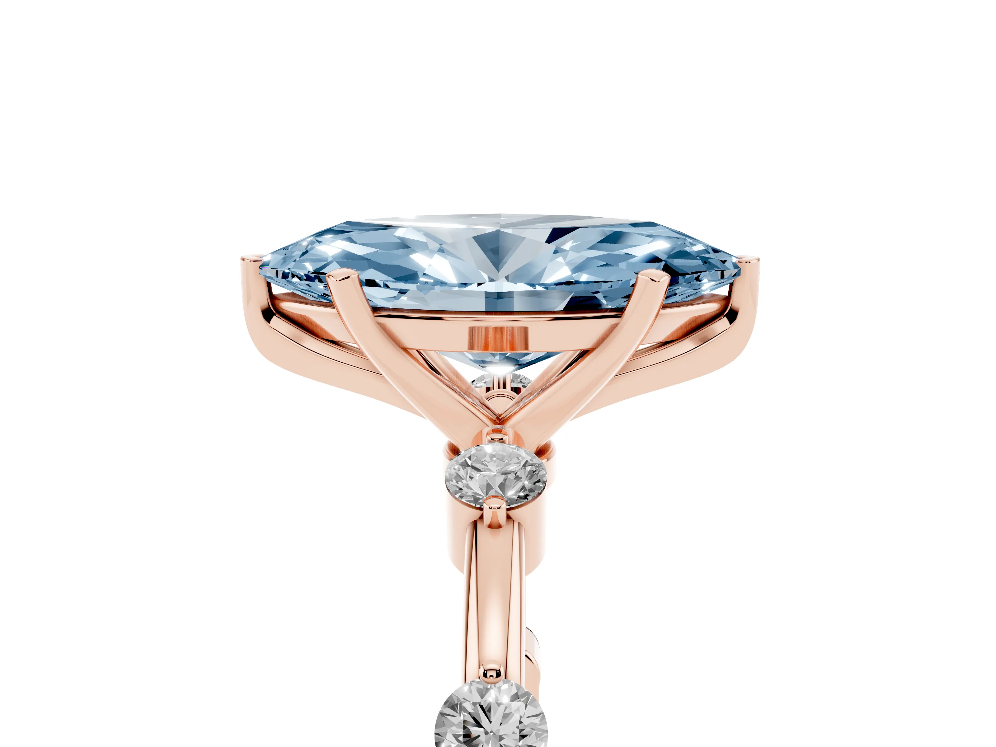 Fancy Blue Marquise Cut Diamond Solitaire Ring Set in Rose gold with Bezel Set Side Stones and Prong Setting