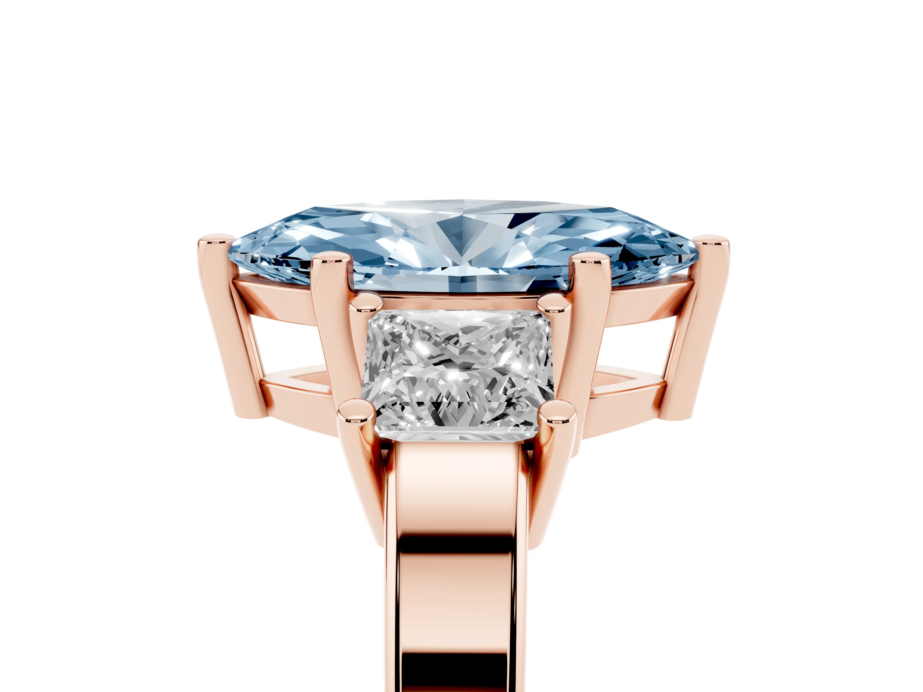 Fancy Blue Three-Stone Marquise Cut Diamond Solitaire Ring Set in Rose gold with Prong Setting