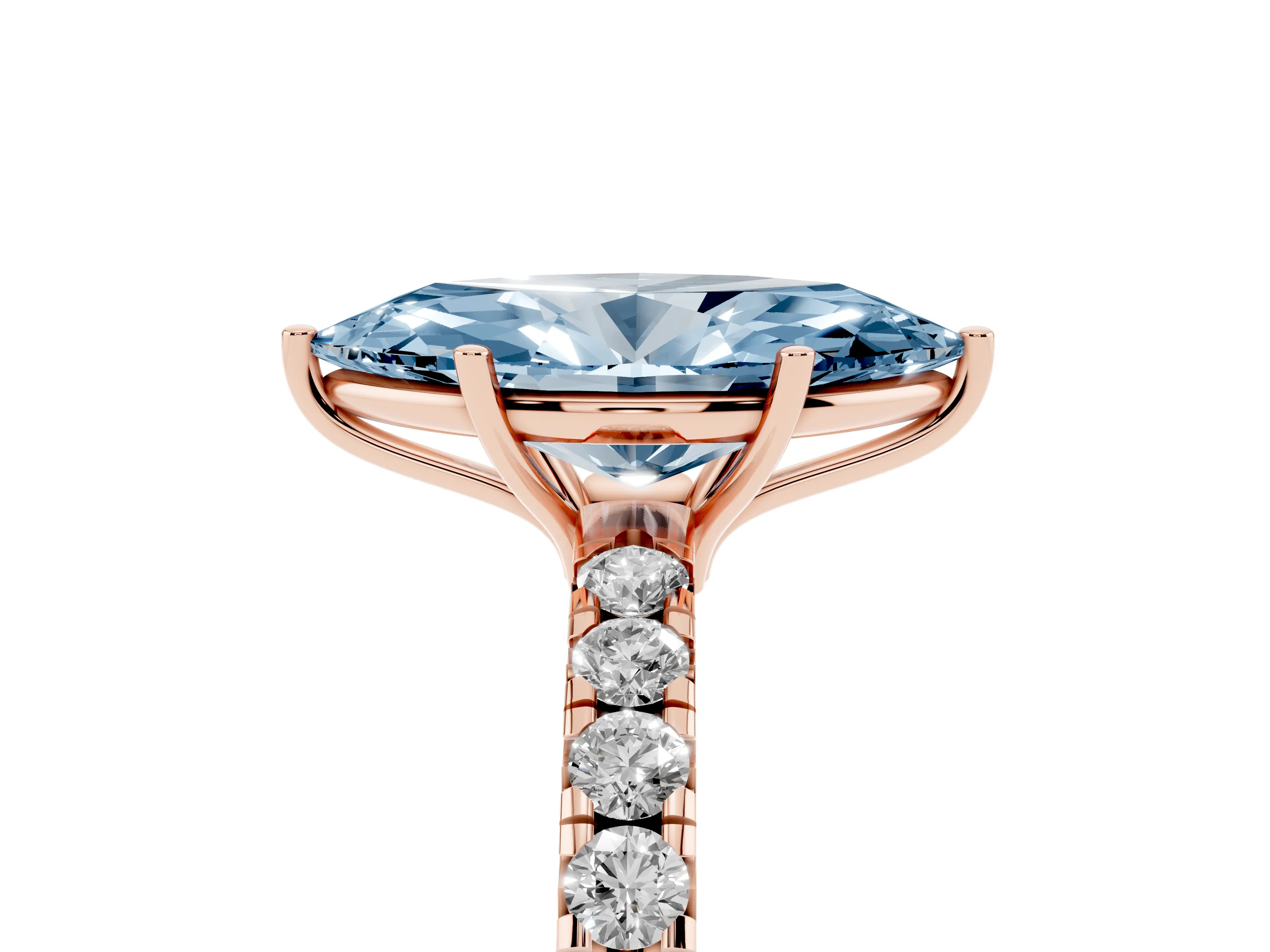 Fancy Blue Marquise Cut Diamond Pavé Solitaire Engagement Ring Set in Rose gold with Prong Setting