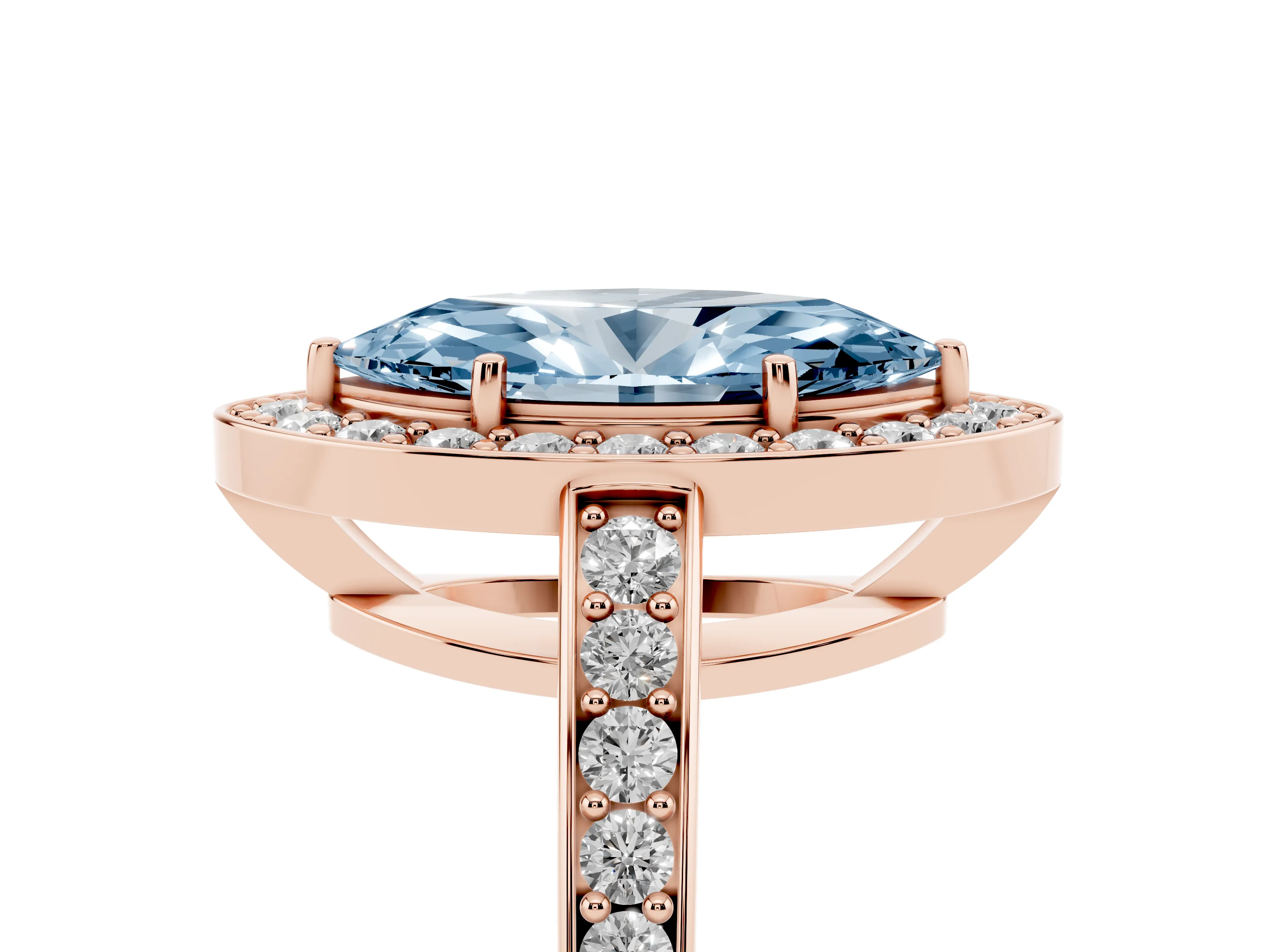 Fancy Blue Marquise Cut Diamond Halo Pavé Engagement Ring Set in Rose gold with Bezel Setting