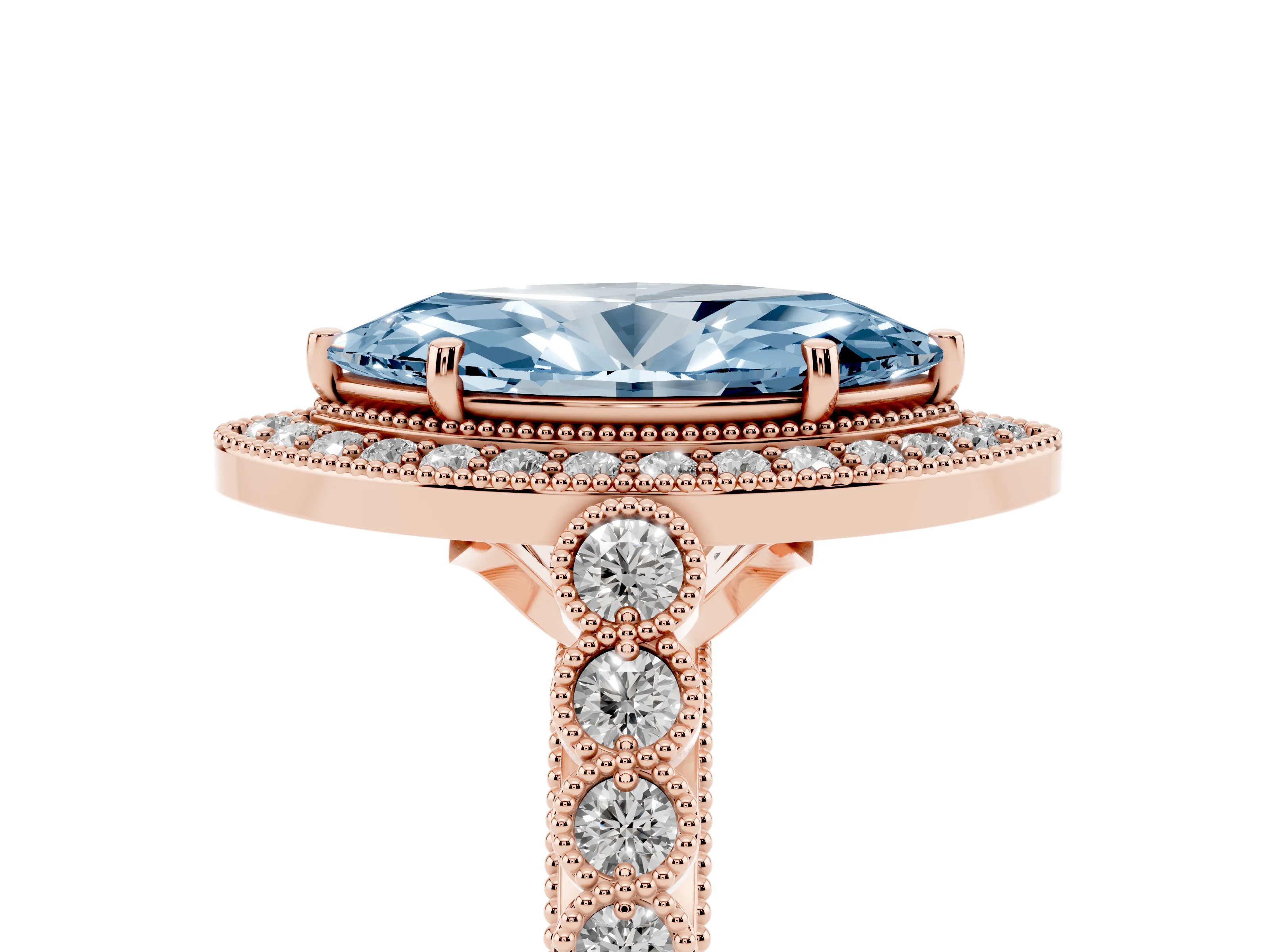 Fancy Blue Marquise Cut Diamond Milgrain Halo Solitaire Ring Set in Rose gold with Bezel Set Side Stones and Pavé Band