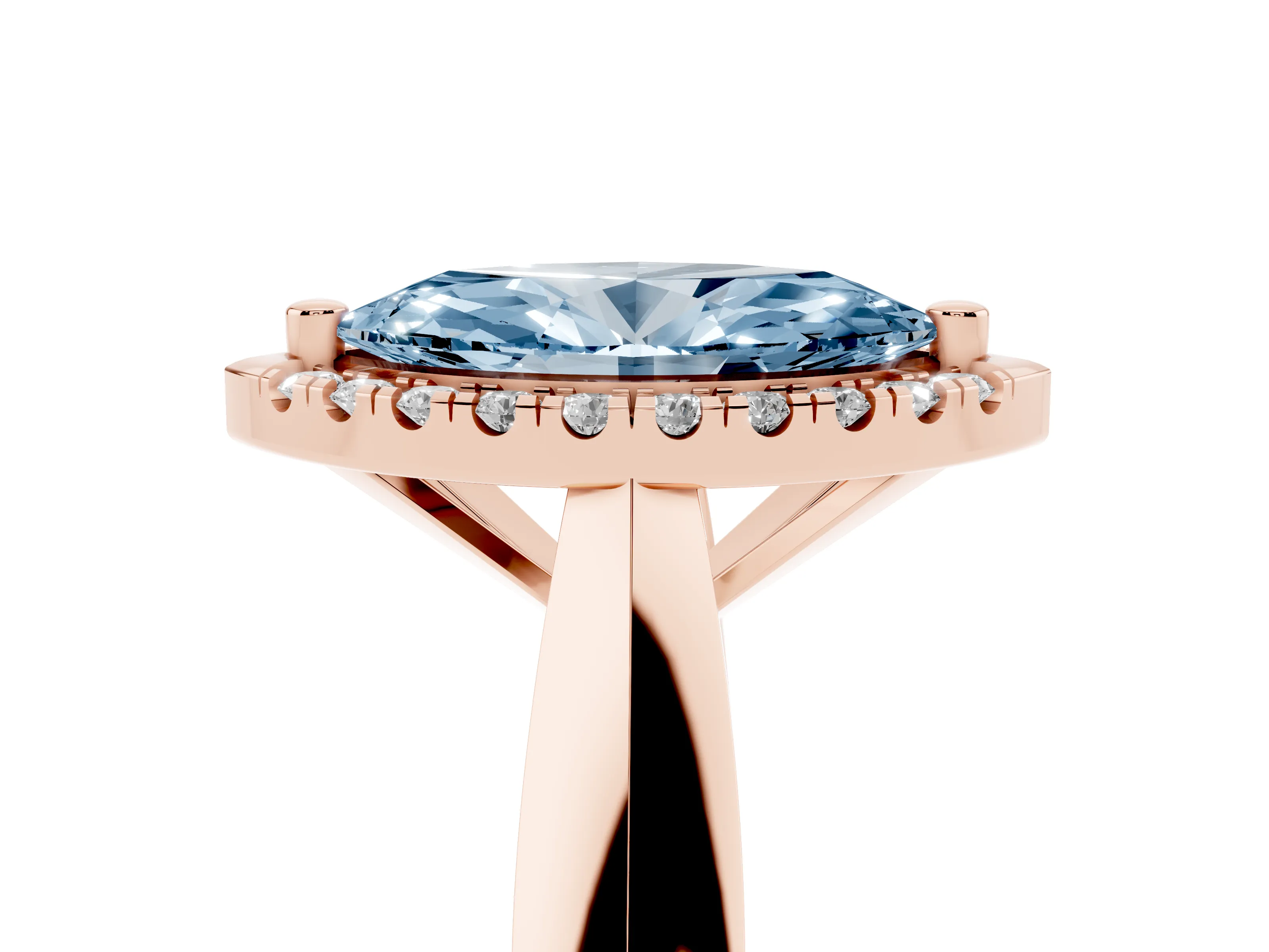 Fancy Blue Marquise Cut Diamond Halo Solitaire Engagement Ring Set in Rose gold with Square Band and Prong Setting