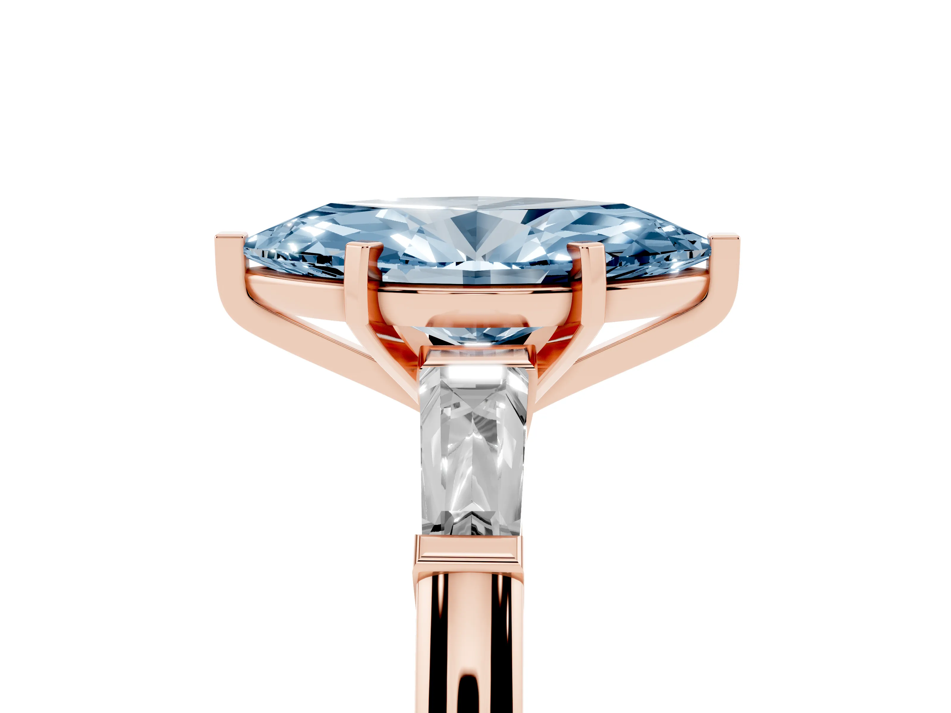 Fancy Blue Marquise Cut Diamond Solitaire Ring Set in Rose gold with Tapered Baguette Side Stones and Prong Setting