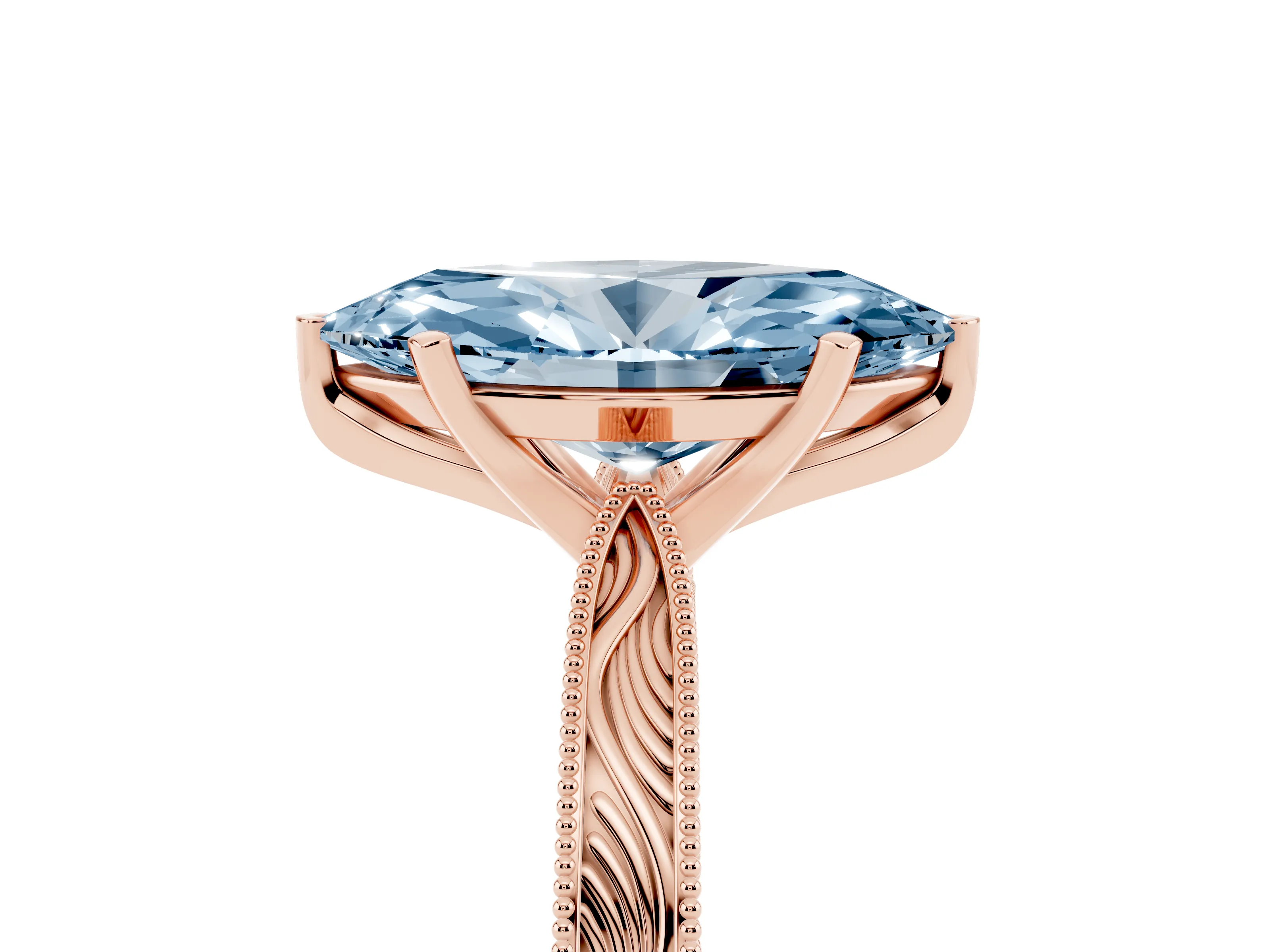 Fancy Blue Marquise Cut Diamond Solitaire Milgrain Engraved Band Set in Rose gold with Prong Setting