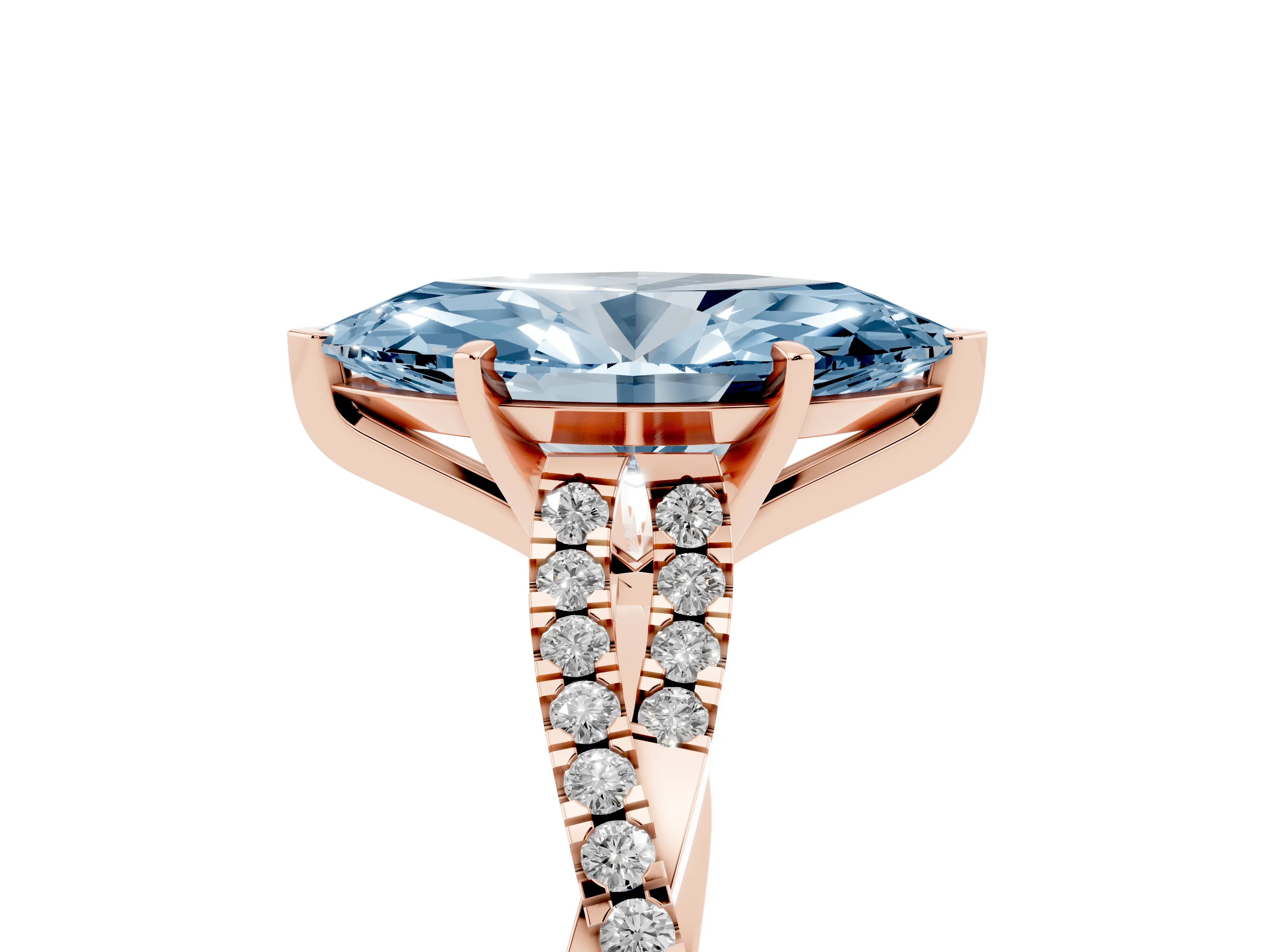 Fancy Blue Marquise Cut Diamond Solitaire Engagement Ring Set in Rose gold with Twisted Pavé Band and Prong Setting