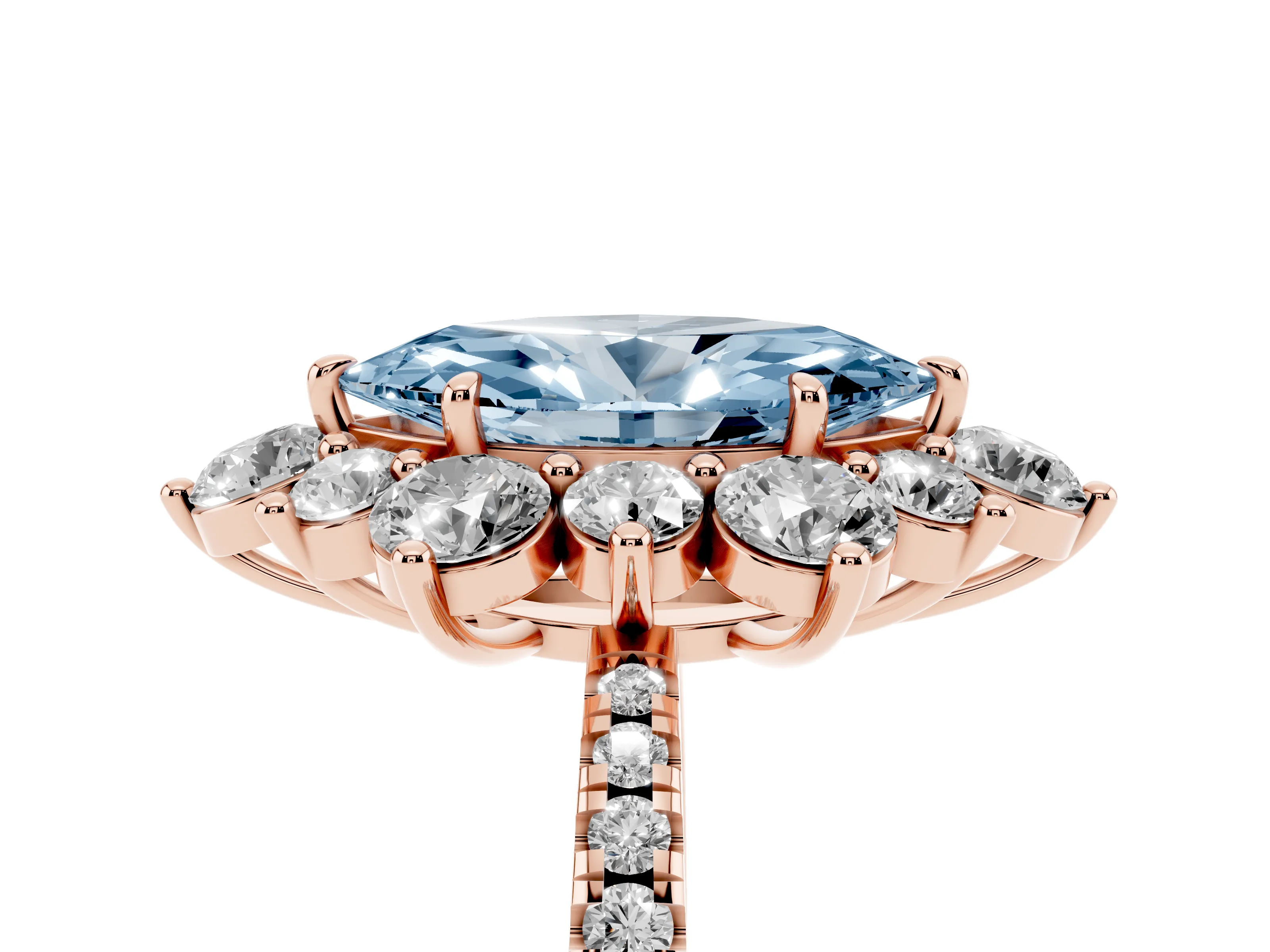 Fancy Blue Marquise Cut Diamond Floral Halo Ring Set in Rose gold with Round Pavé Band and Prong Setting