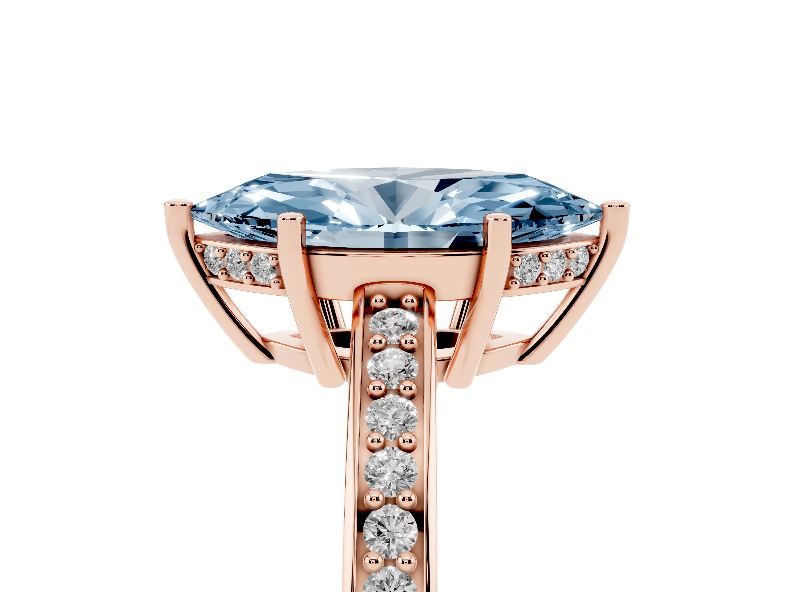 Fancy Blue Marquise Cut Diamond Pavé Band Prong Set Solitaire Ring Set in Rose gold