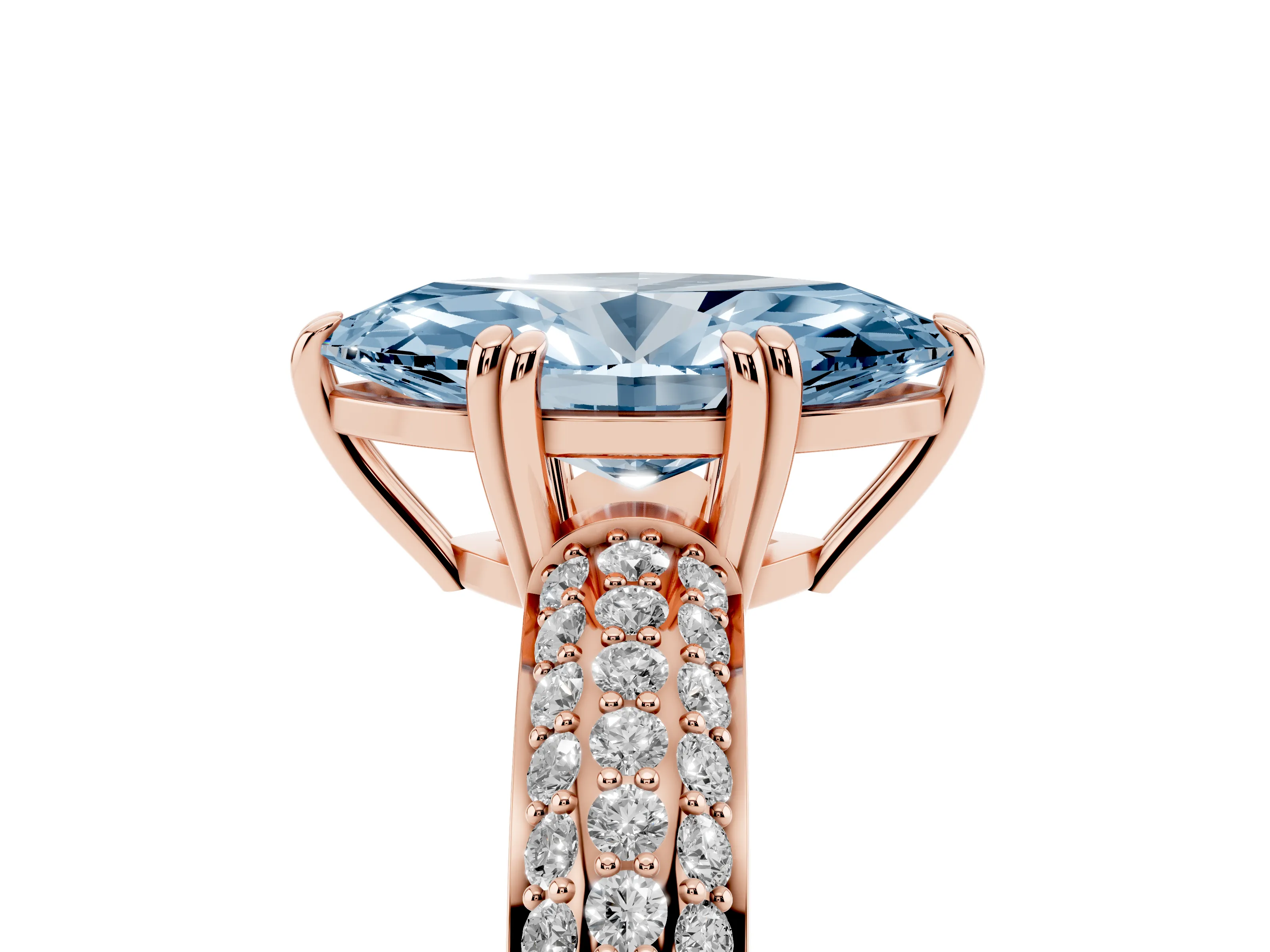 Fancy Blue Marquise Cut Diamond Solitaire Ring Set in Rose gold with Multi-Row Round Pavé Band and Prong Setting