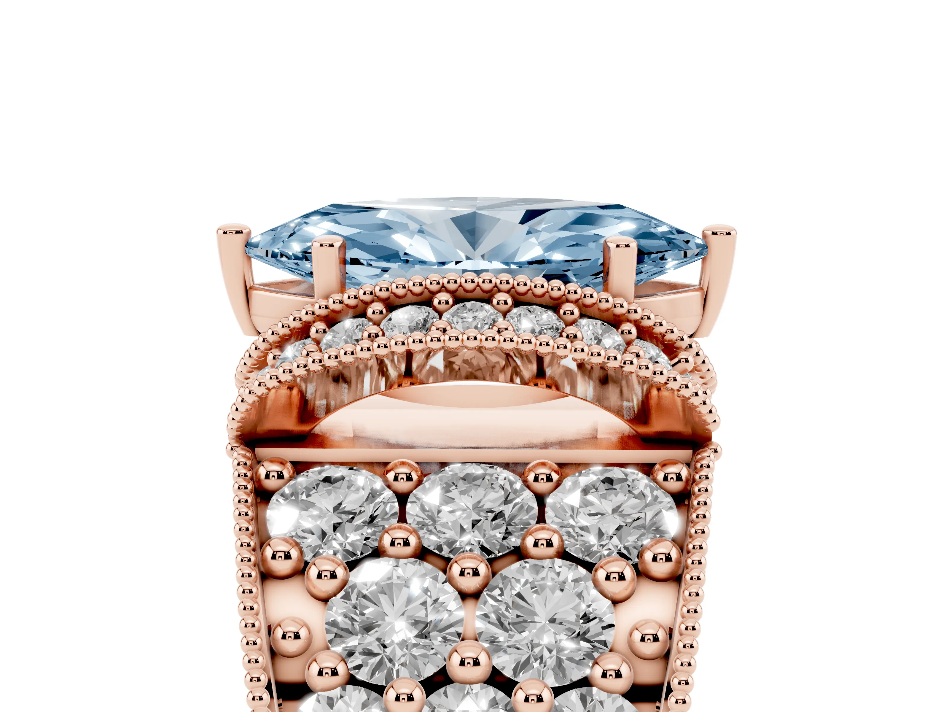 Fancy Blue Marquise Cut Diamond Milgrain Halo Pavé Engagement Ring Set in Rose gold with Prong Setting