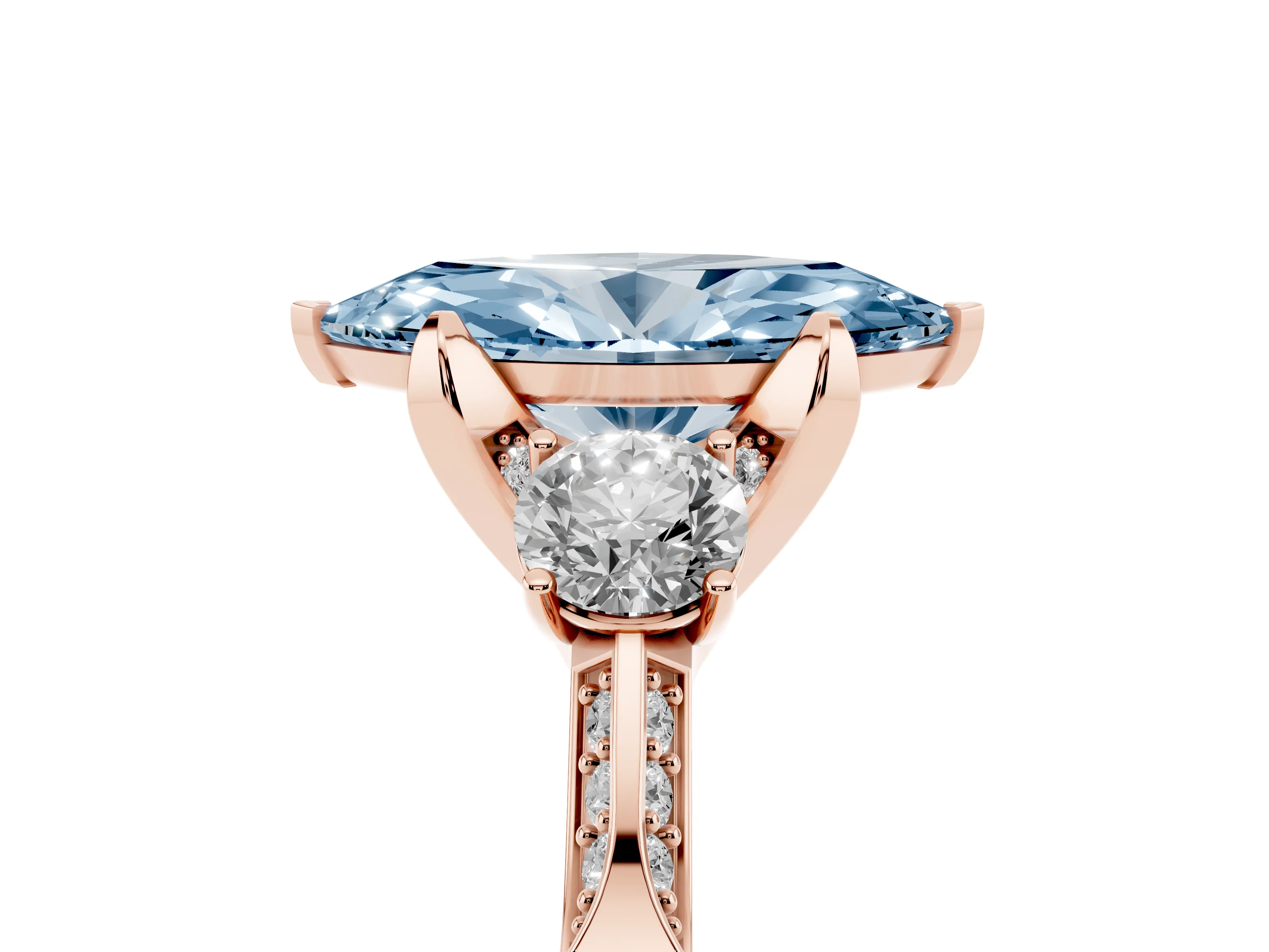 Fancy Blue Marquise Cut Diamond Three-Stone Ring Set in Rose gold with Pavé Band and Smaller Side Stones