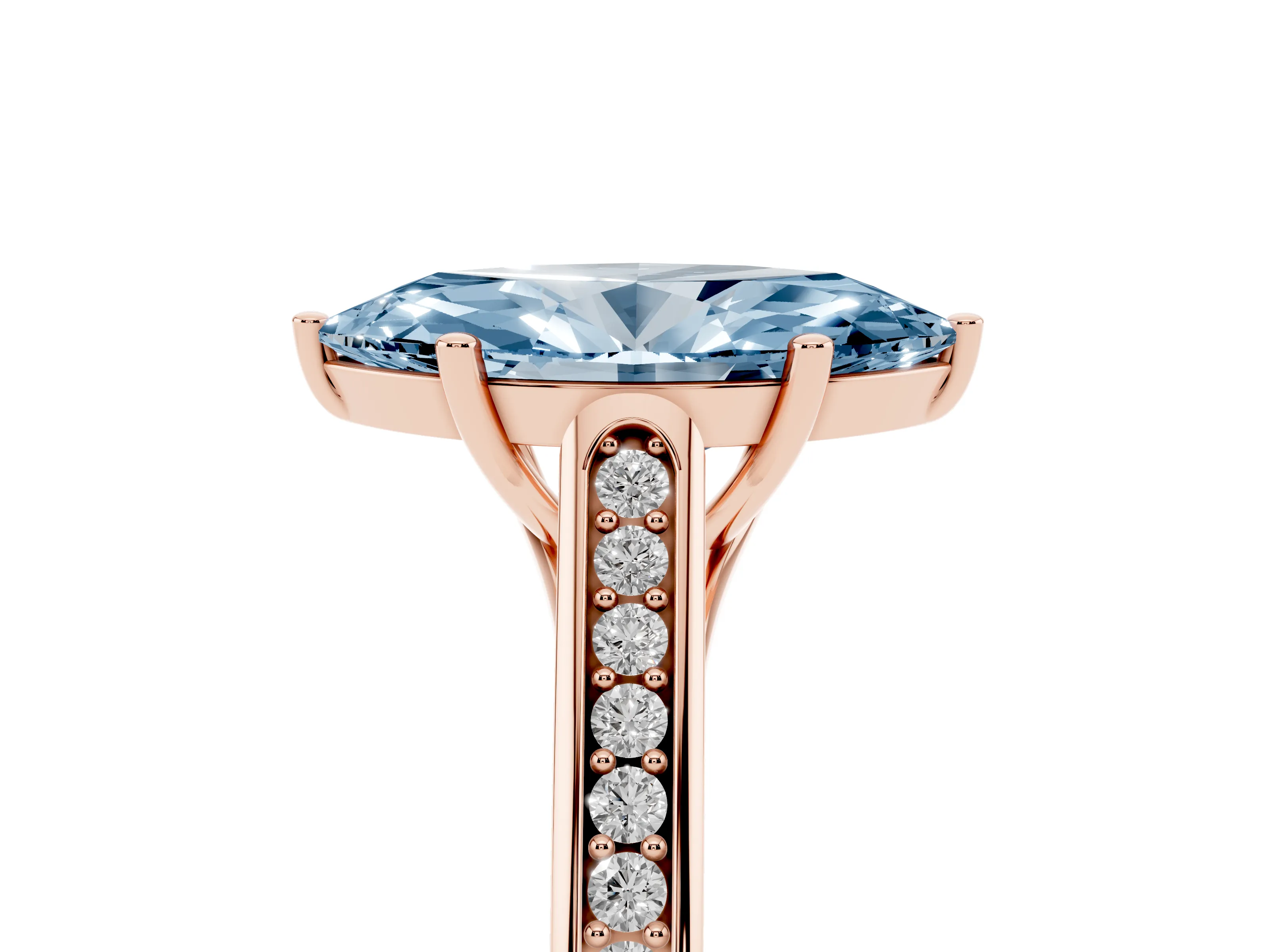 Fancy Blue Marquise Cut Diamond Solitaire Cathedral Engagement Ring Set in Rose gold with Channel-Set Band and Prong Setting