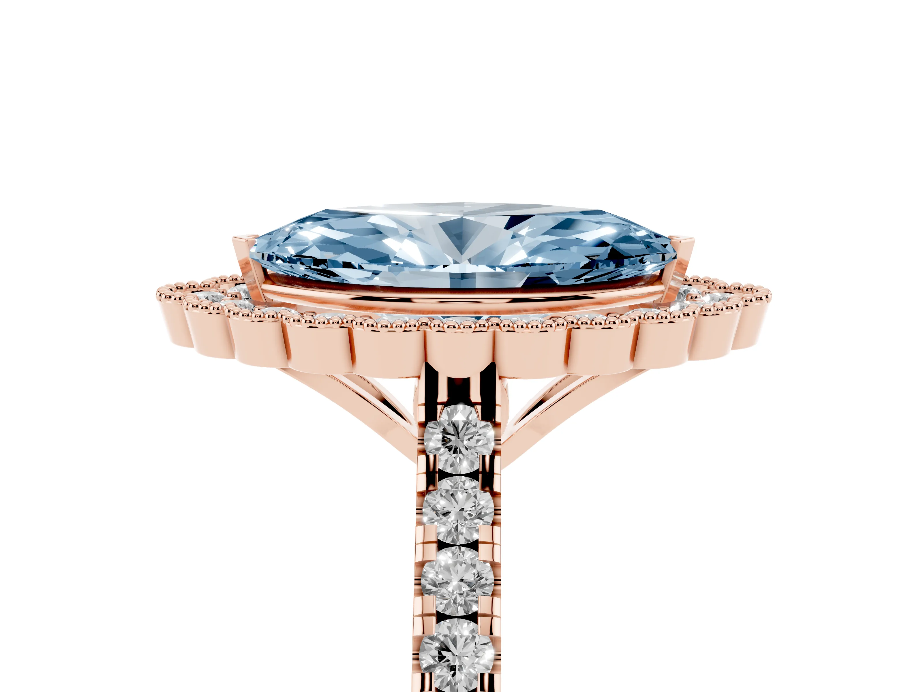 Fancy Blue Marquise Cut Diamond Milgrain Floral Halo Engagement Ring Set in Rose gold with Pavé Band