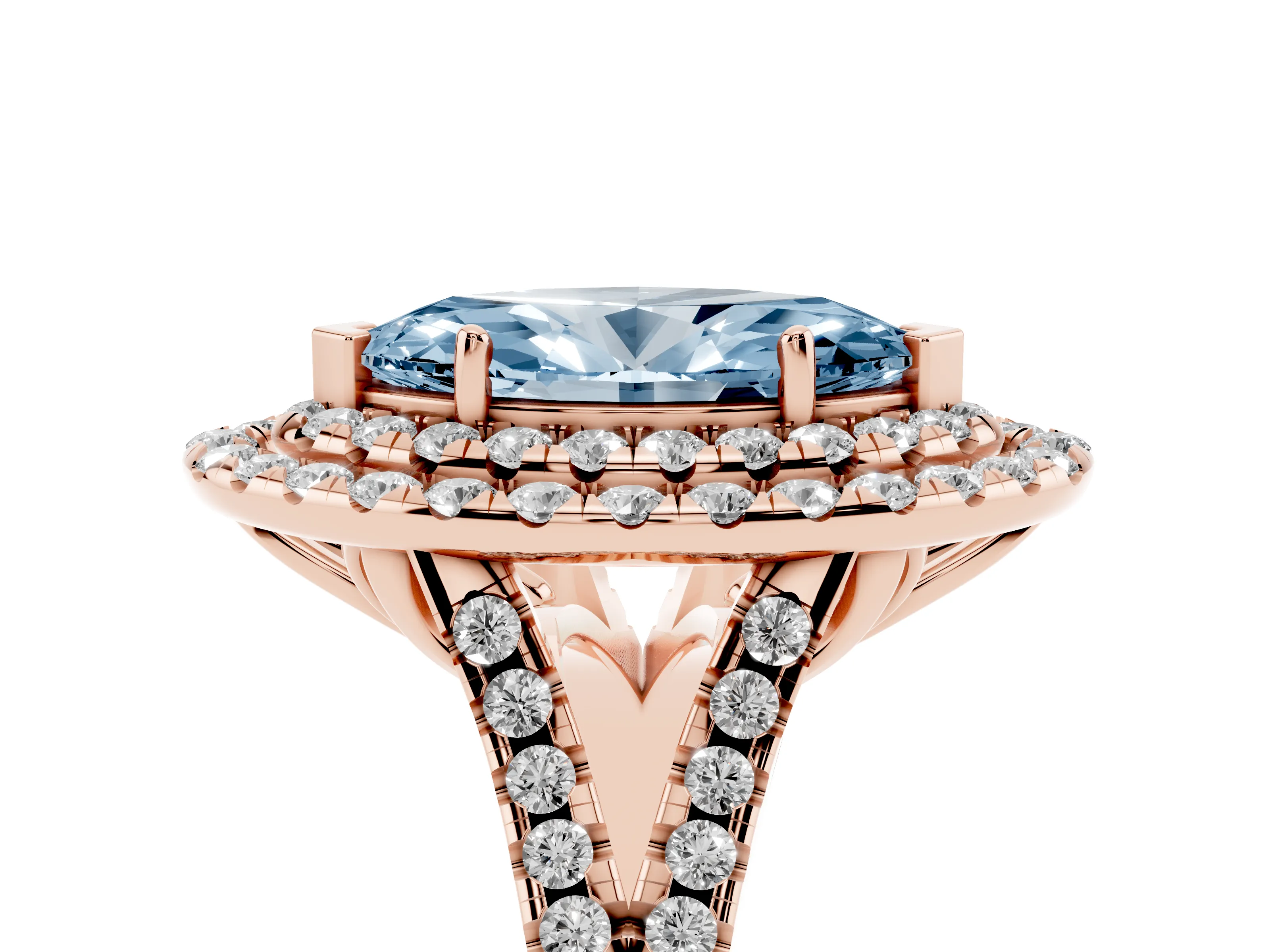 Fancy Blue Marquise Cut Diamond Double Halo Ring Set in Rose gold with Pavé Split Shank and Prong Setting