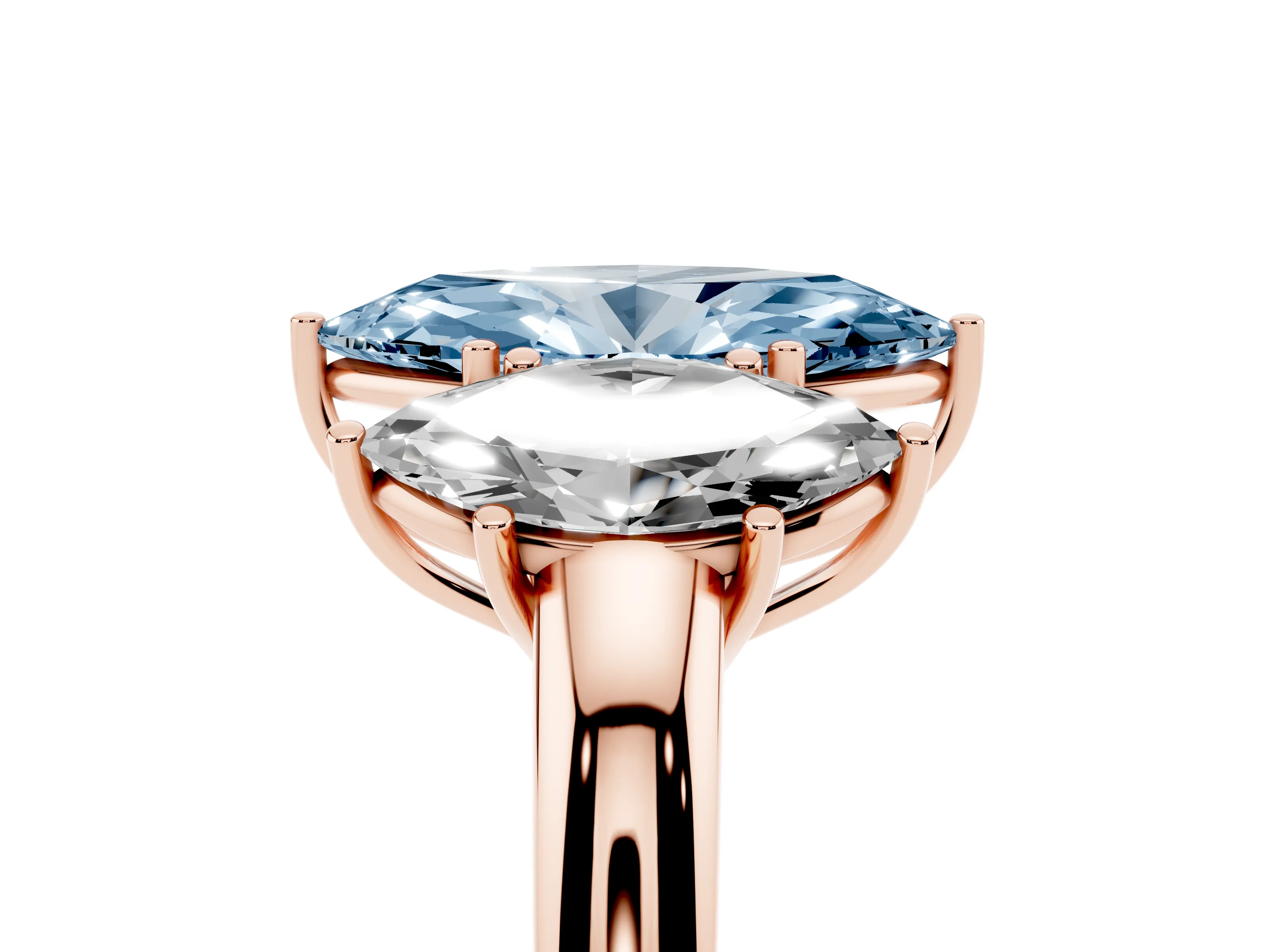 Fancy Blue Marquise Cut Diamond Three-Stone Ring Set in Rose gold with Bold Center and Classic Band