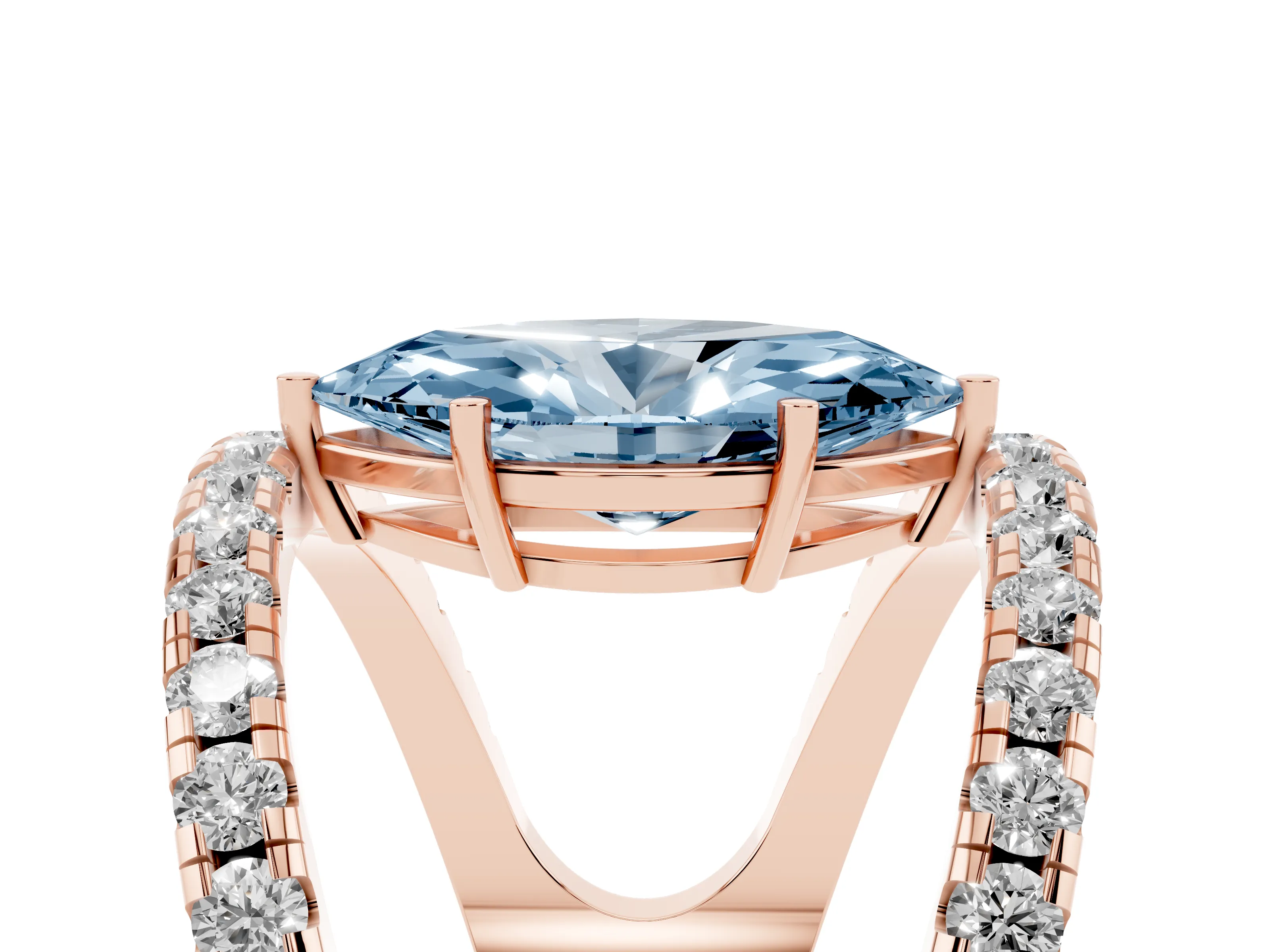 Fancy Blue Marquise Cut Diamond Split Shank Pavé Solitaire Ring Set in Rose gold with Open Shank Design