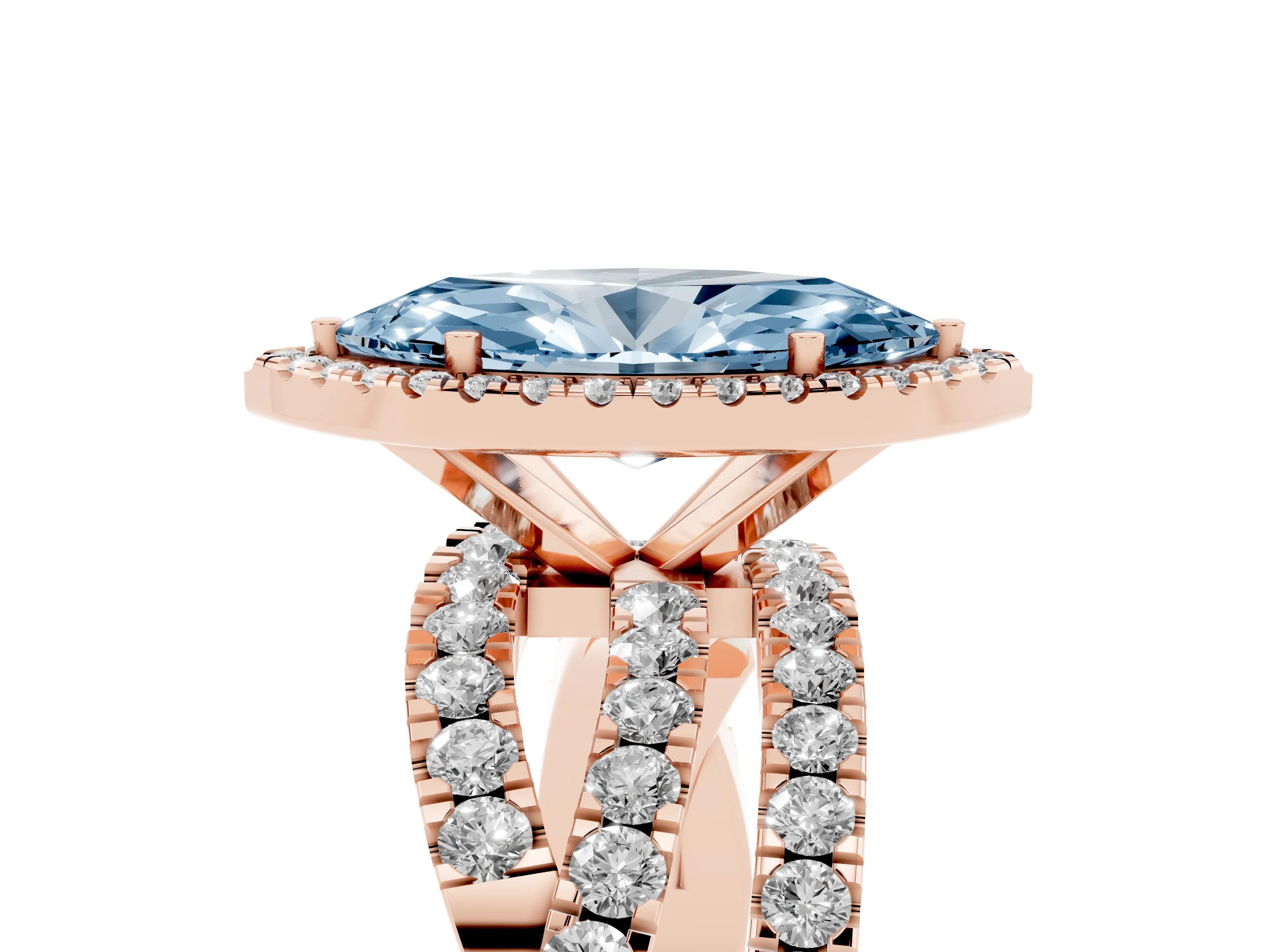 Fancy Blue Marquise Cut Diamond Halo Ring Set in Rose gold with Round Crossover Split Shank and Prong Setting