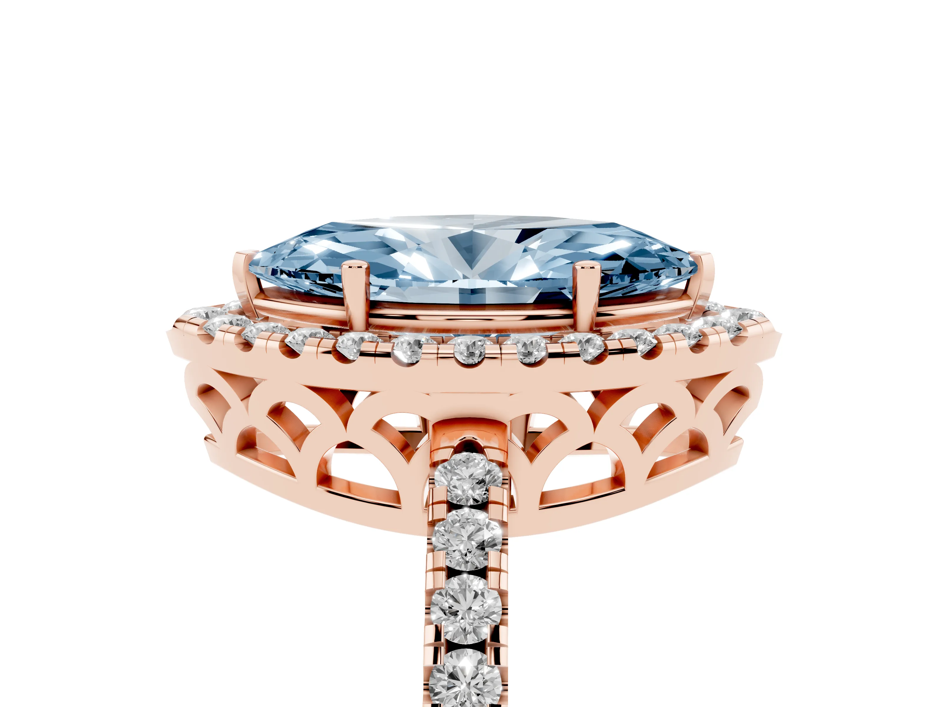 Fancy Blue Marquise Cut Diamond Pavé Band Halo Engagement Ring Set in Rose gold with Prong Setting