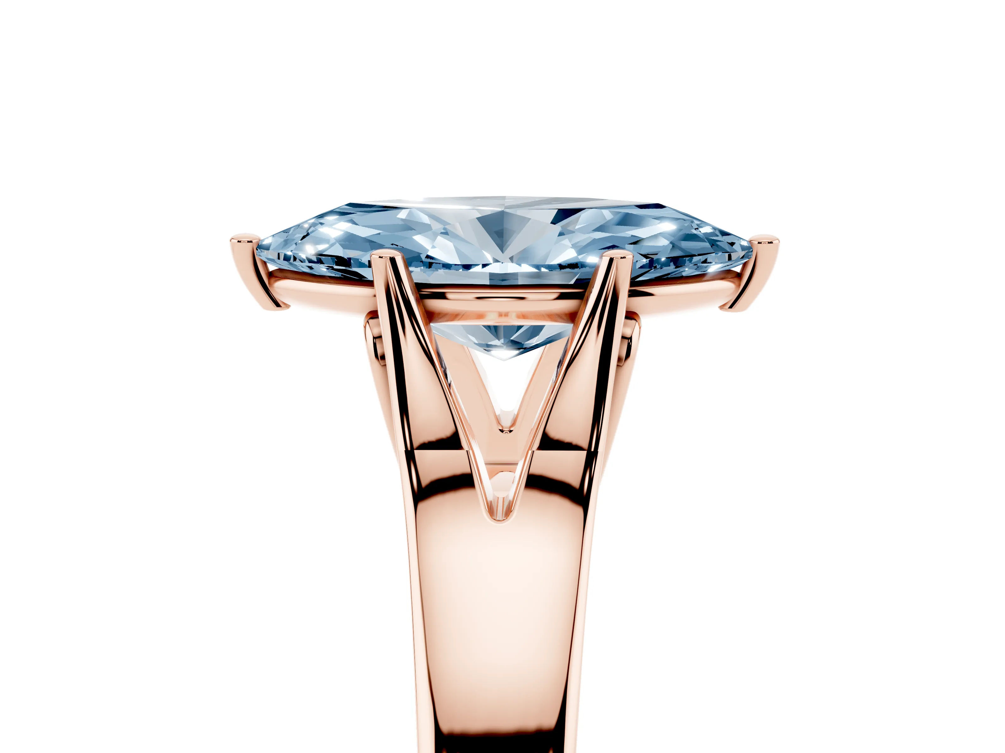 Fancy Blue Marquise Cut Diamond Solitaire Ring Set in Rose gold with Arched Cathedral Band and Prong Setting