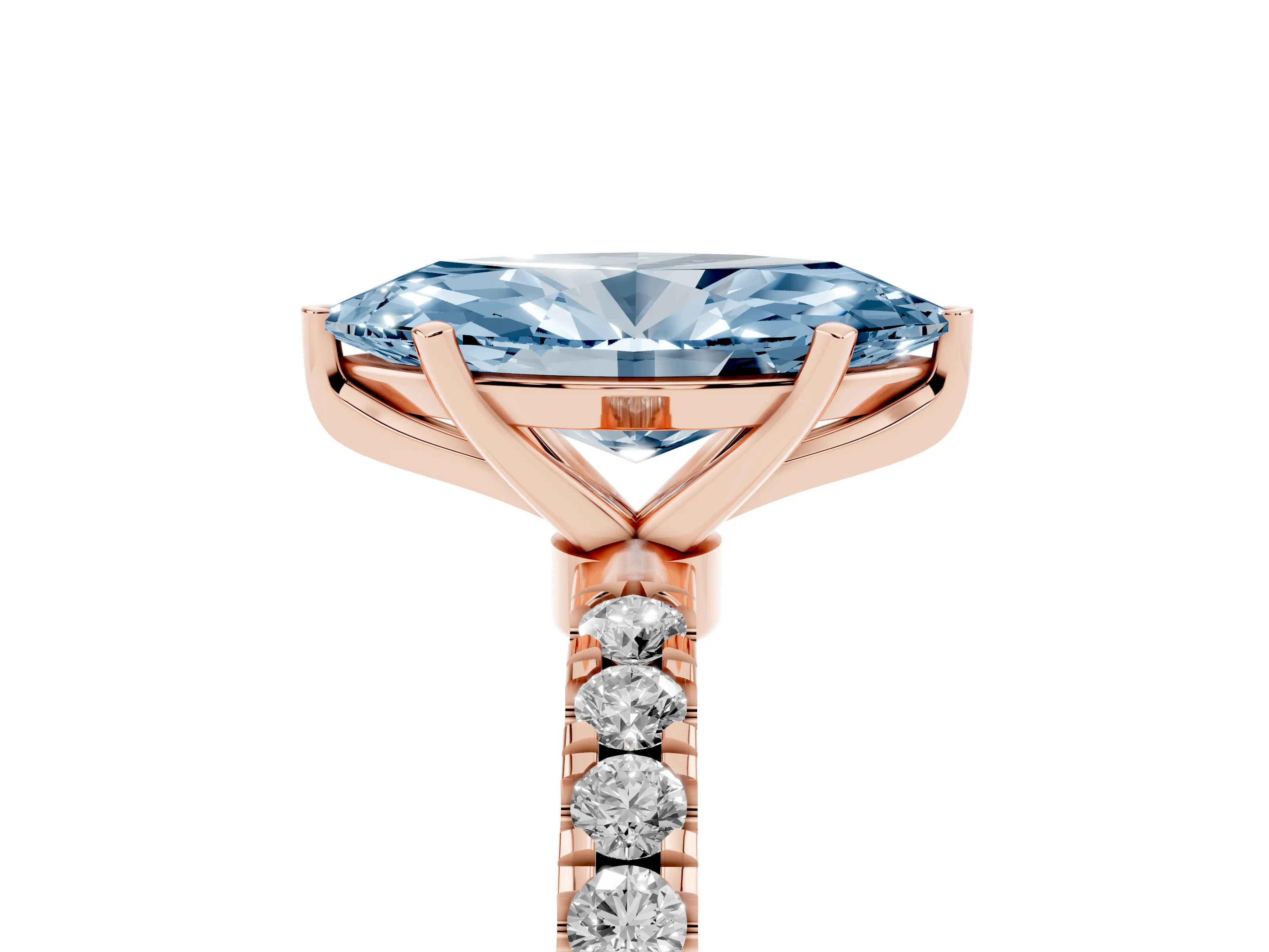 Fancy Blue Marquise Cut Diamond Solitaire Ring Set in Rose gold with Pavé Accents and Prong Setting