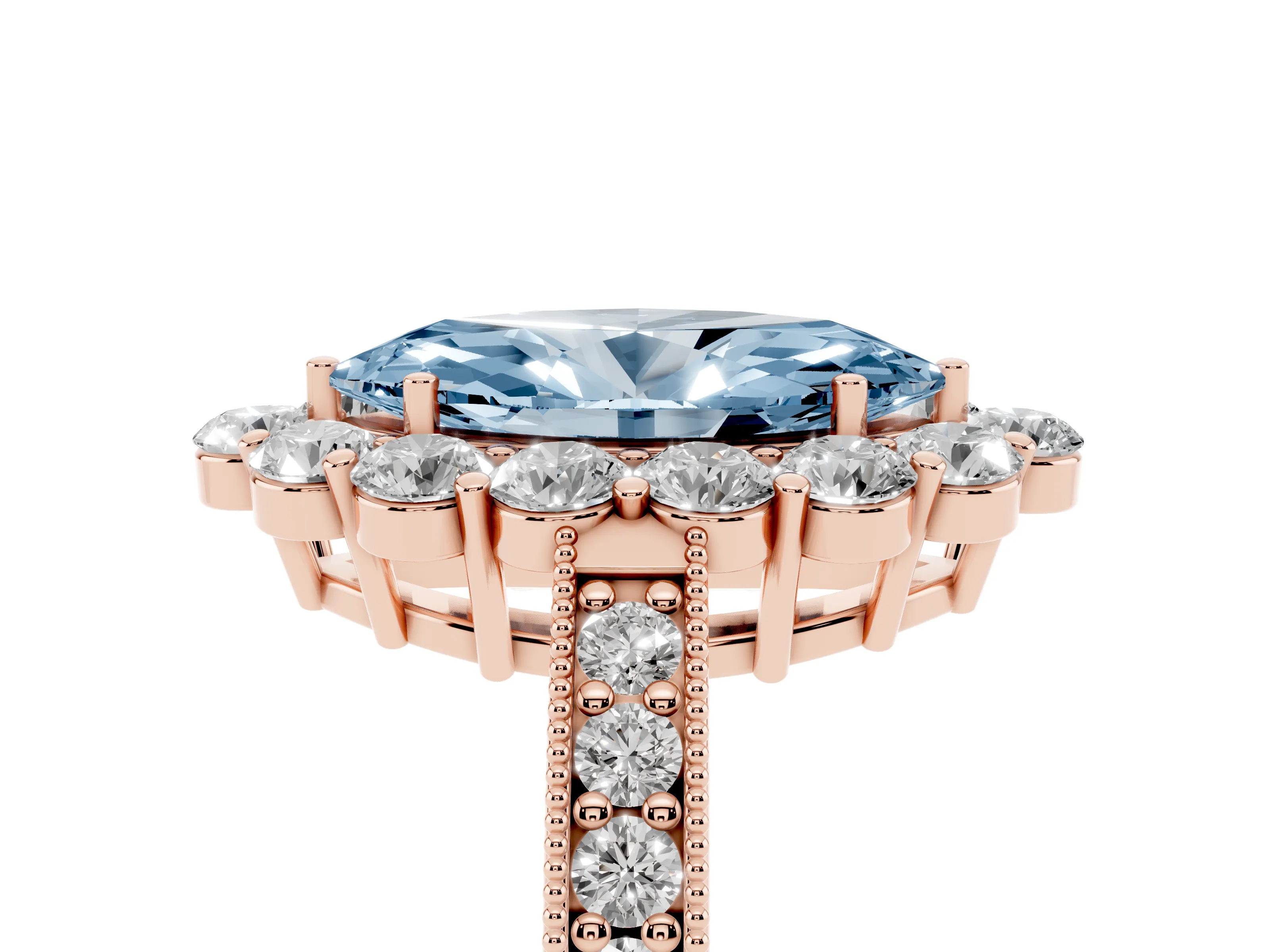 Fancy Blue Marquise Cut Diamond Halo Pavé Engagement Ring Set in Rose gold with Milgrain Detailing