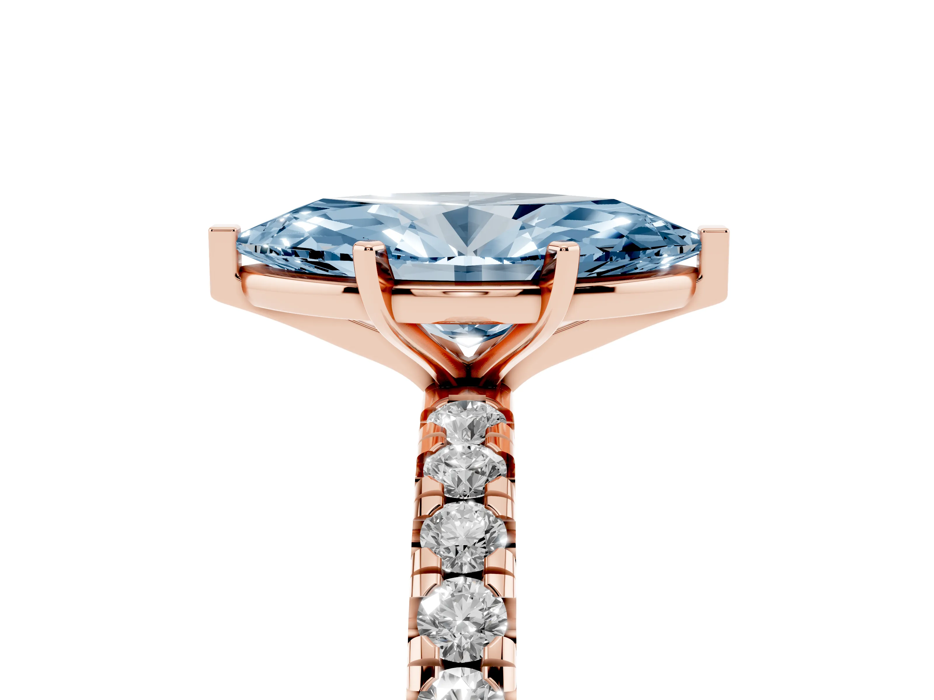 Fancy Blue Marquise Cut Diamond Pavé Solitaire Ring Set in Rose gold with Round Band and Prong Setting