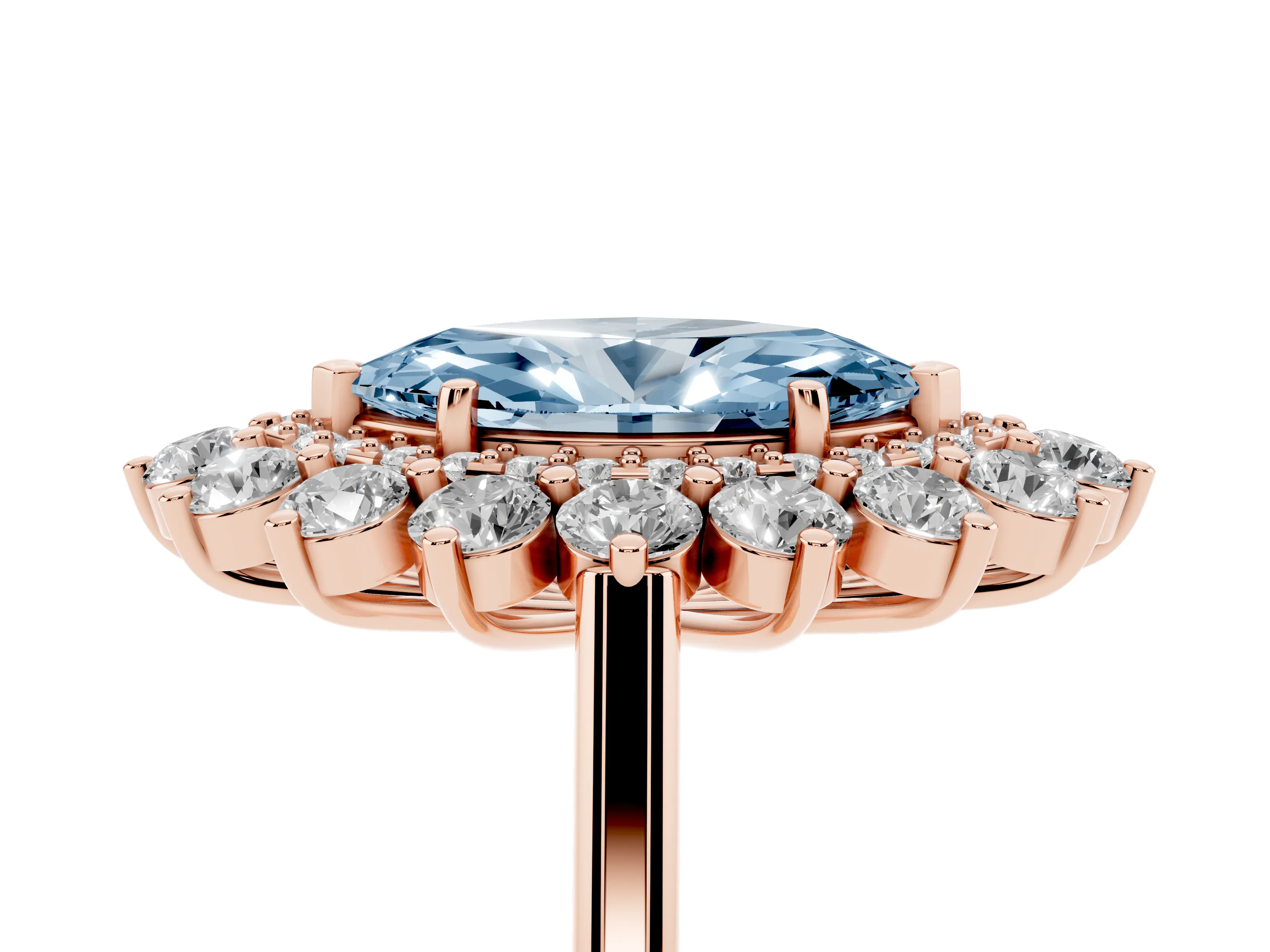 Fancy Blue Marquise Cut Diamond Floral Double Halo Ring Set in Rose gold with Round Petals