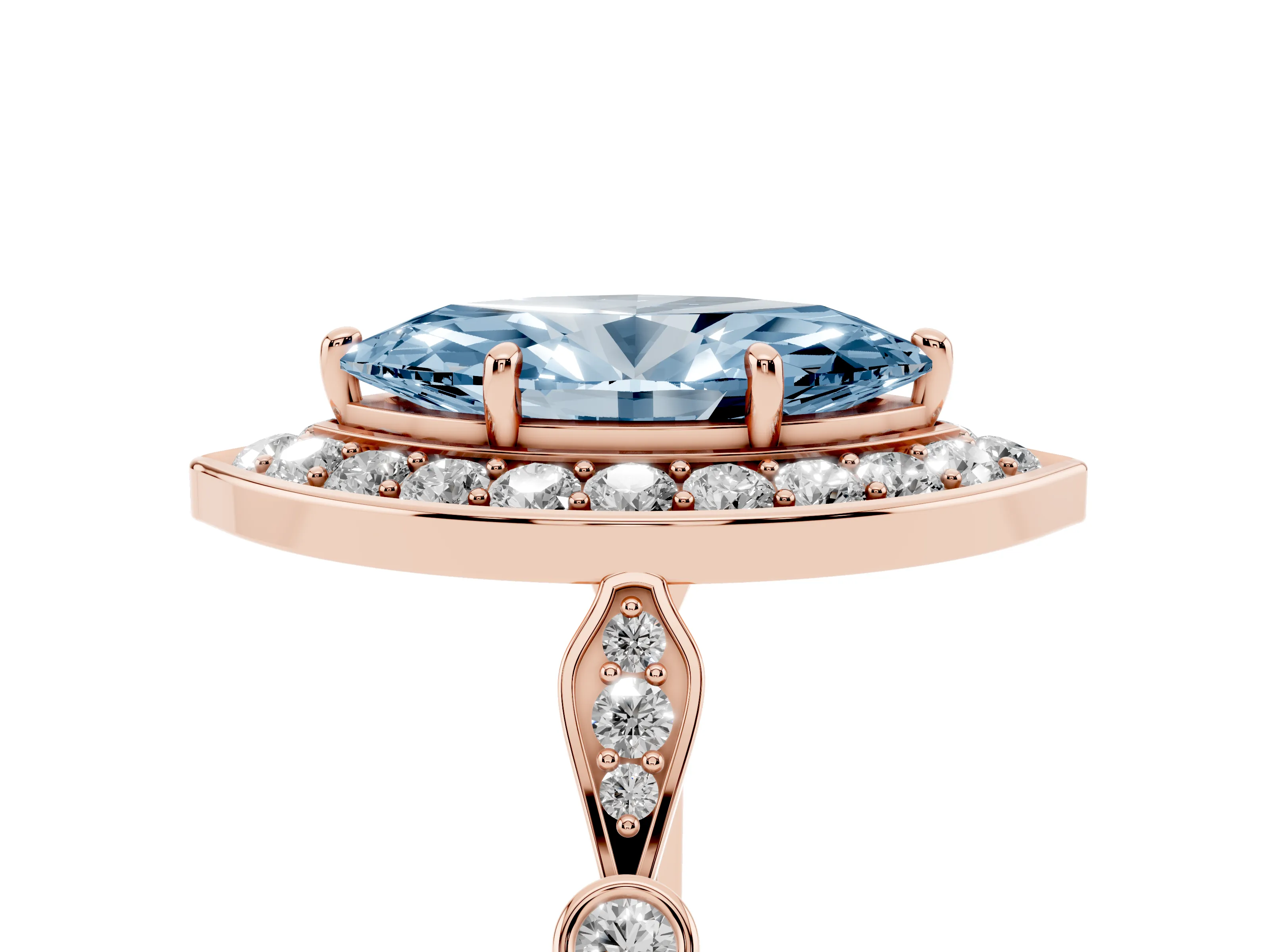 Fancy Blue Marquise Cut Diamond Halo Engagement Ring Set in Rose gold with Twisted Band and Prong Setting