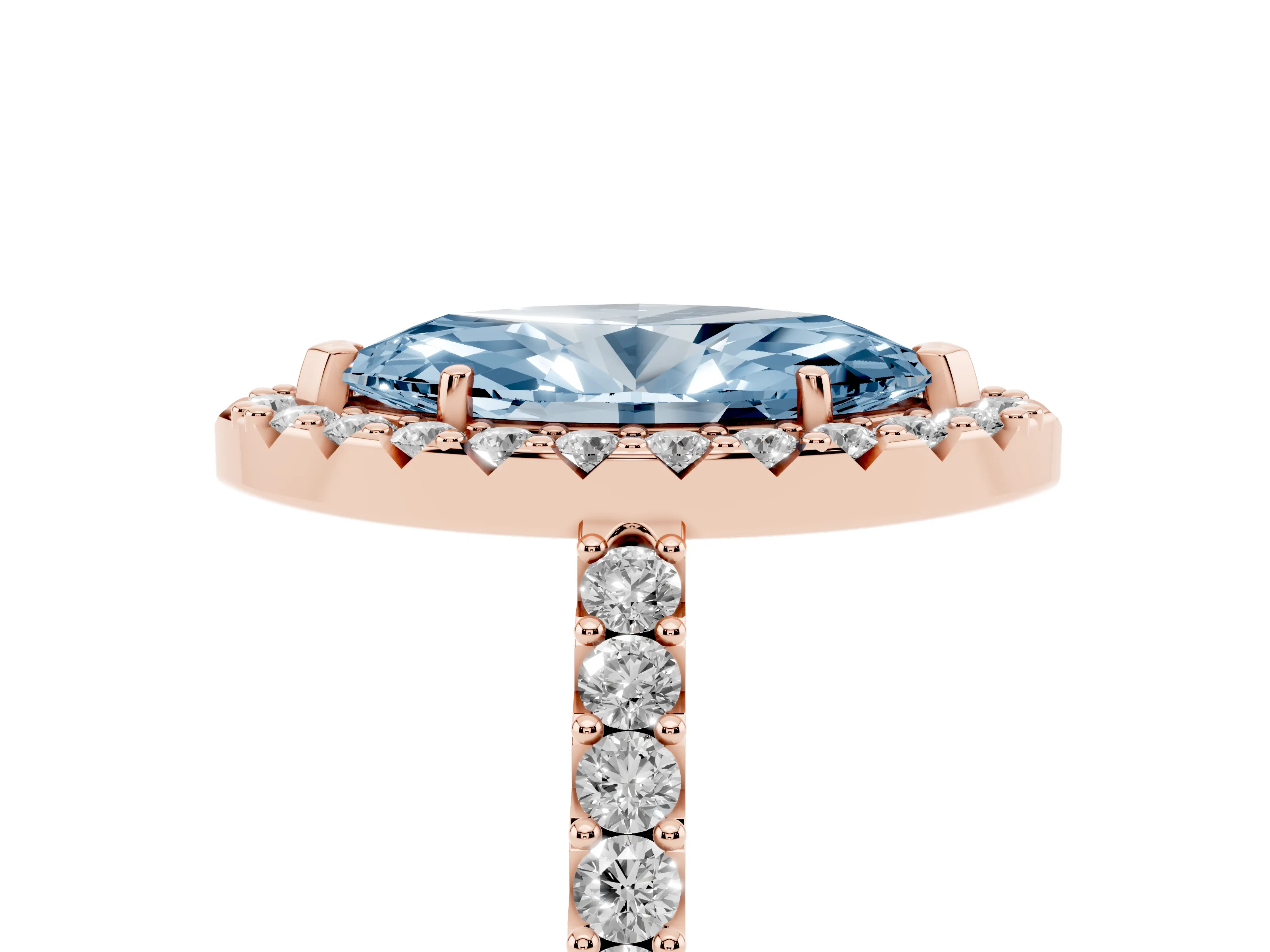 Fancy Blue Marquise Cut Diamond Halo Pavé Solitaire Ring Set in Rose gold with Prong-Set Center Stone