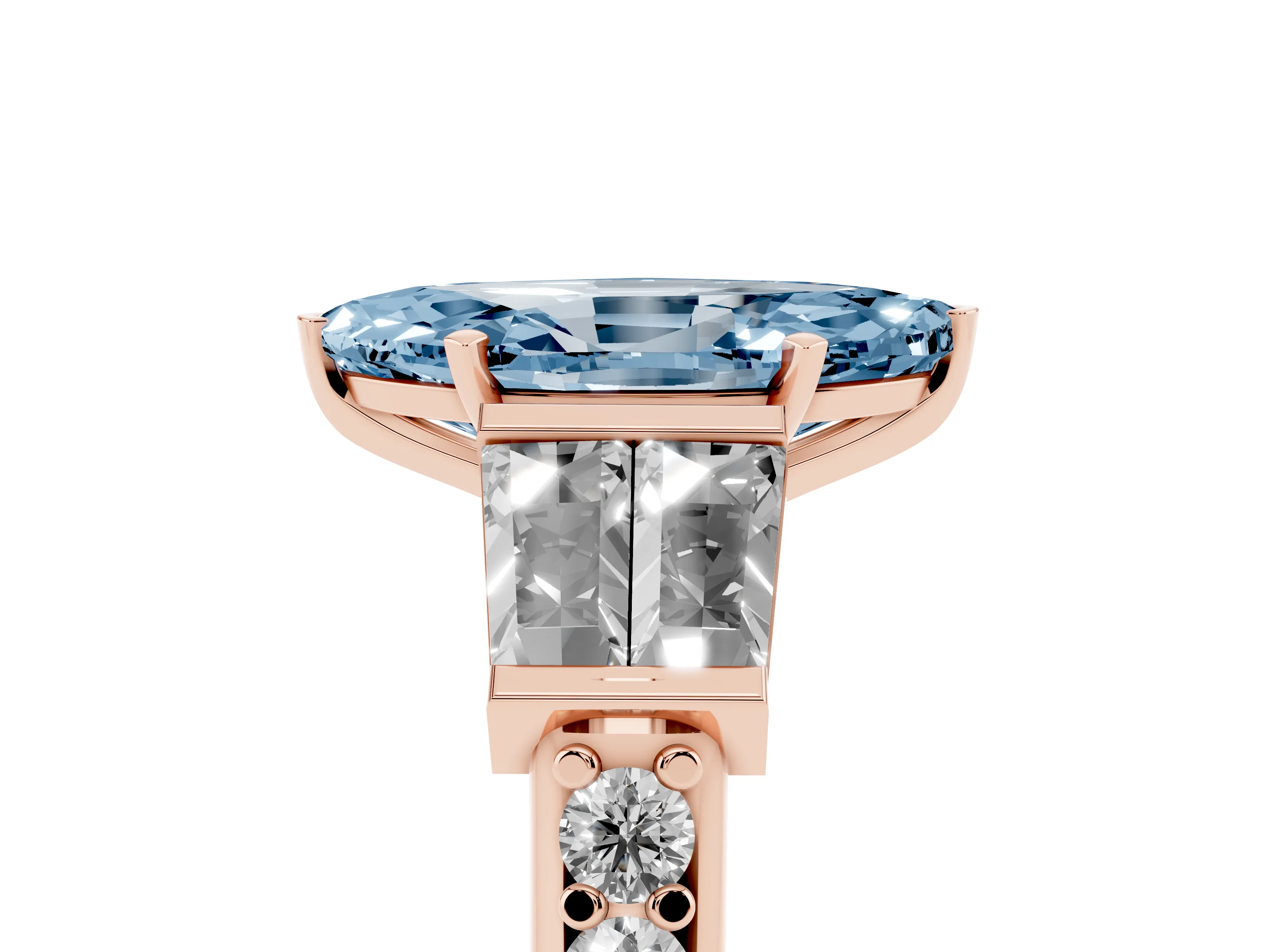 Fancy Blue Marquise Cut Diamond Engagement Ring Set in Rose gold with Baguette Side Stones and Channel Set Band