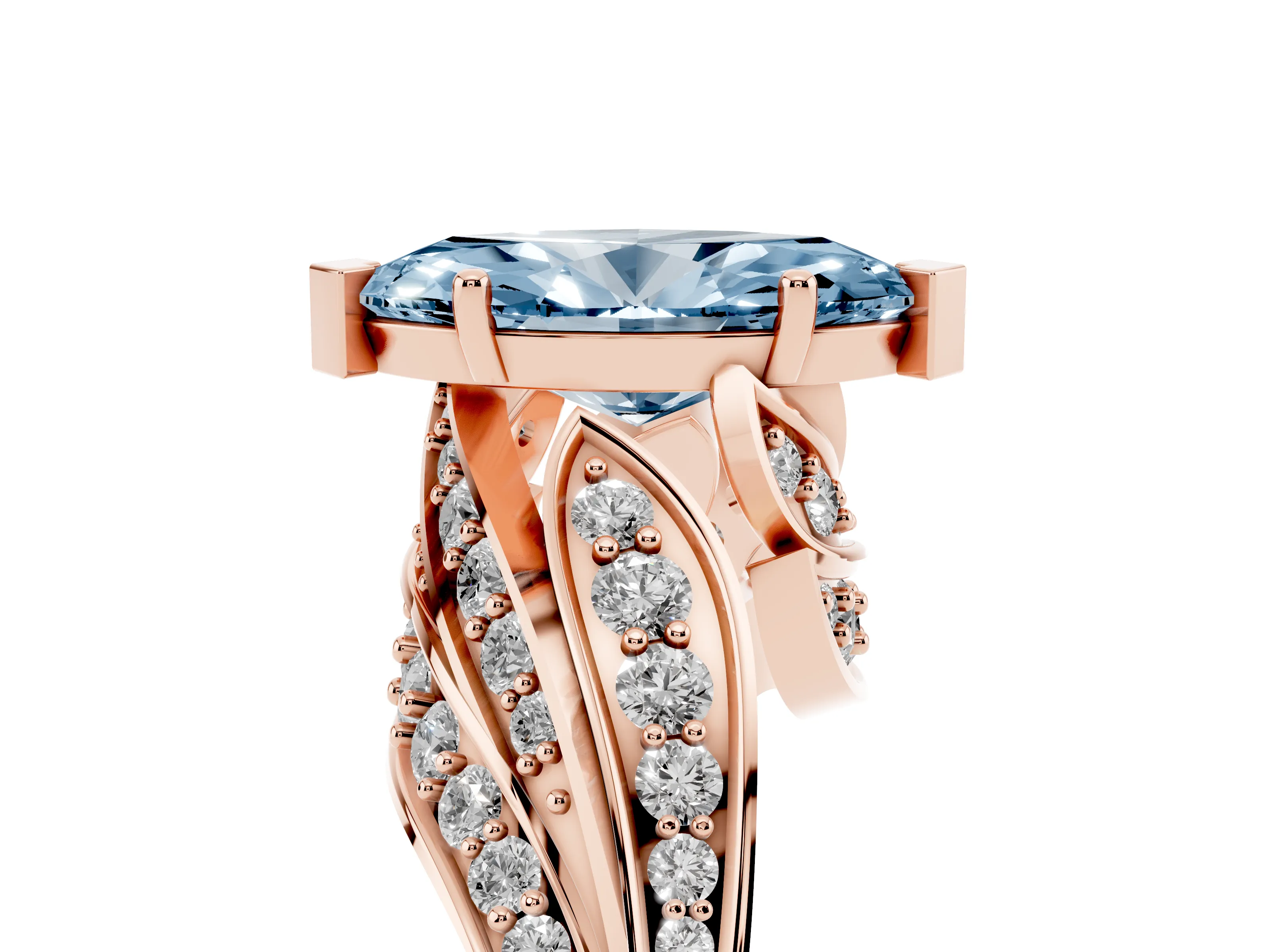 Fancy Blue Marquise Cut Diamond Solitaire Ring Set in Rose gold with Layered Twist Pavé Band