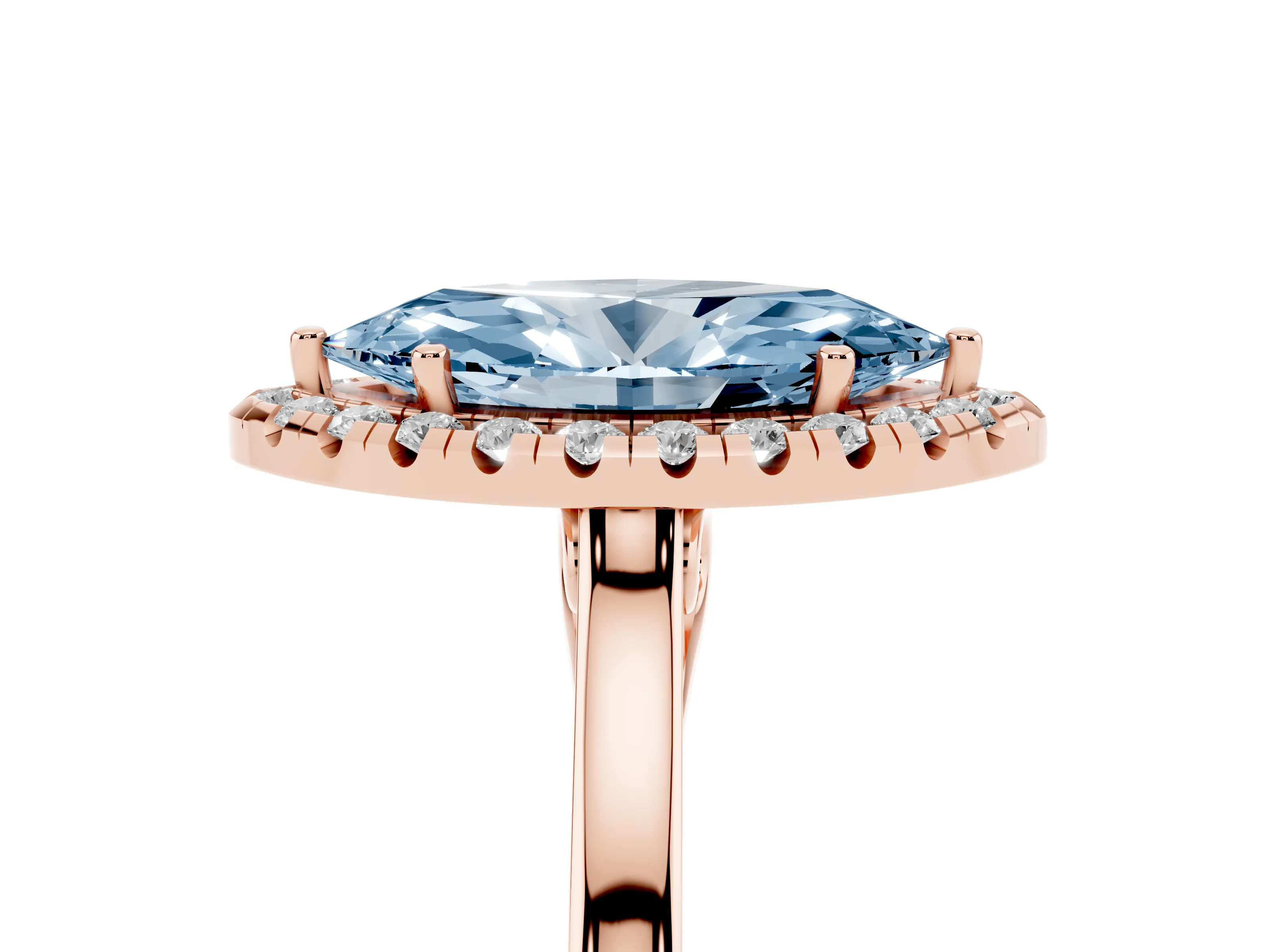 Fancy Blue Marquise Cut Halo Round Diamond Solitaire Ring Set in Rose gold with Pavé Band and Prong Setting
