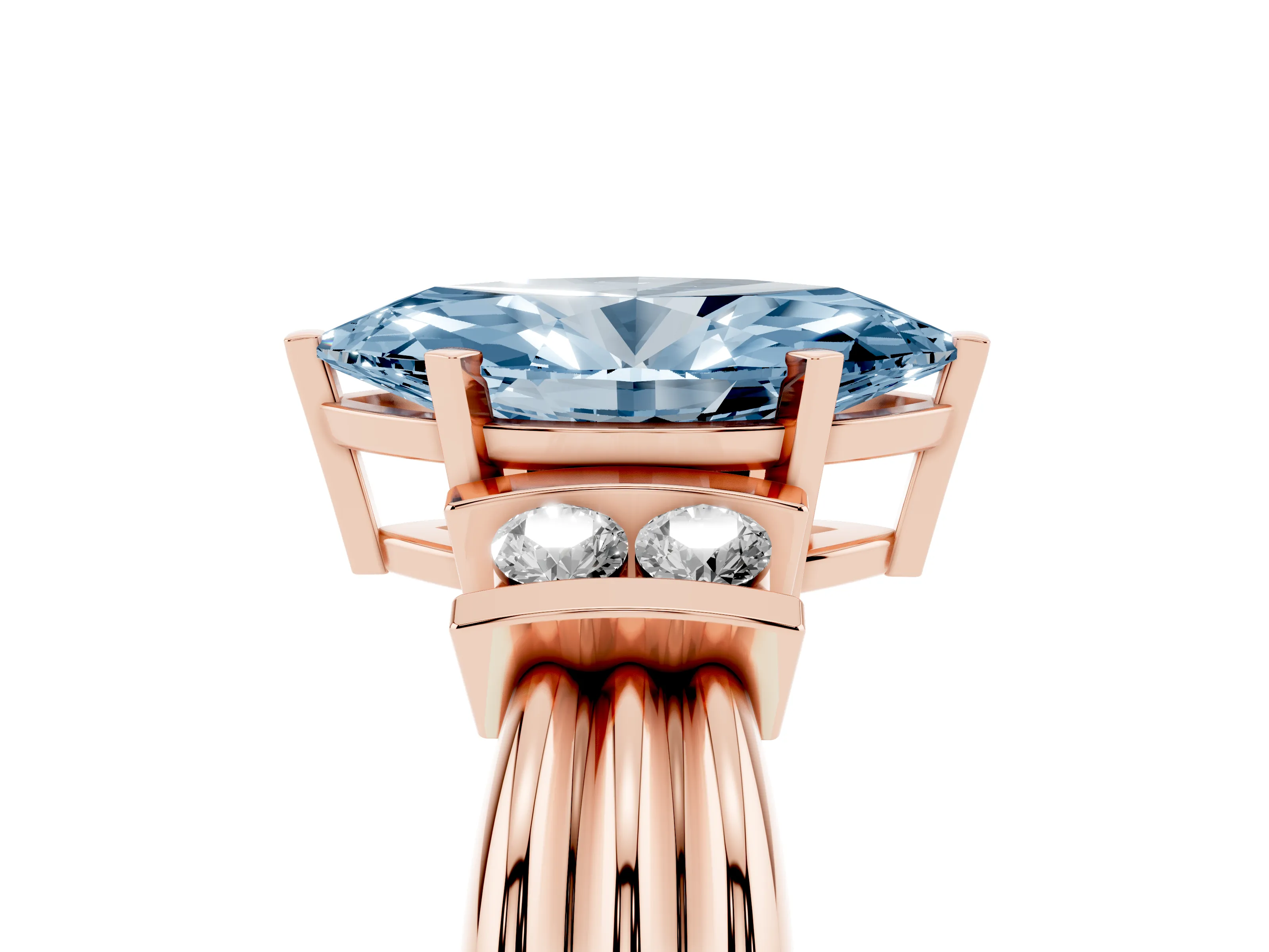 Fancy Blue Three-Stone Marquise Cut Diamond Channel Set Ring Set in Rose gold with Bar Prongs