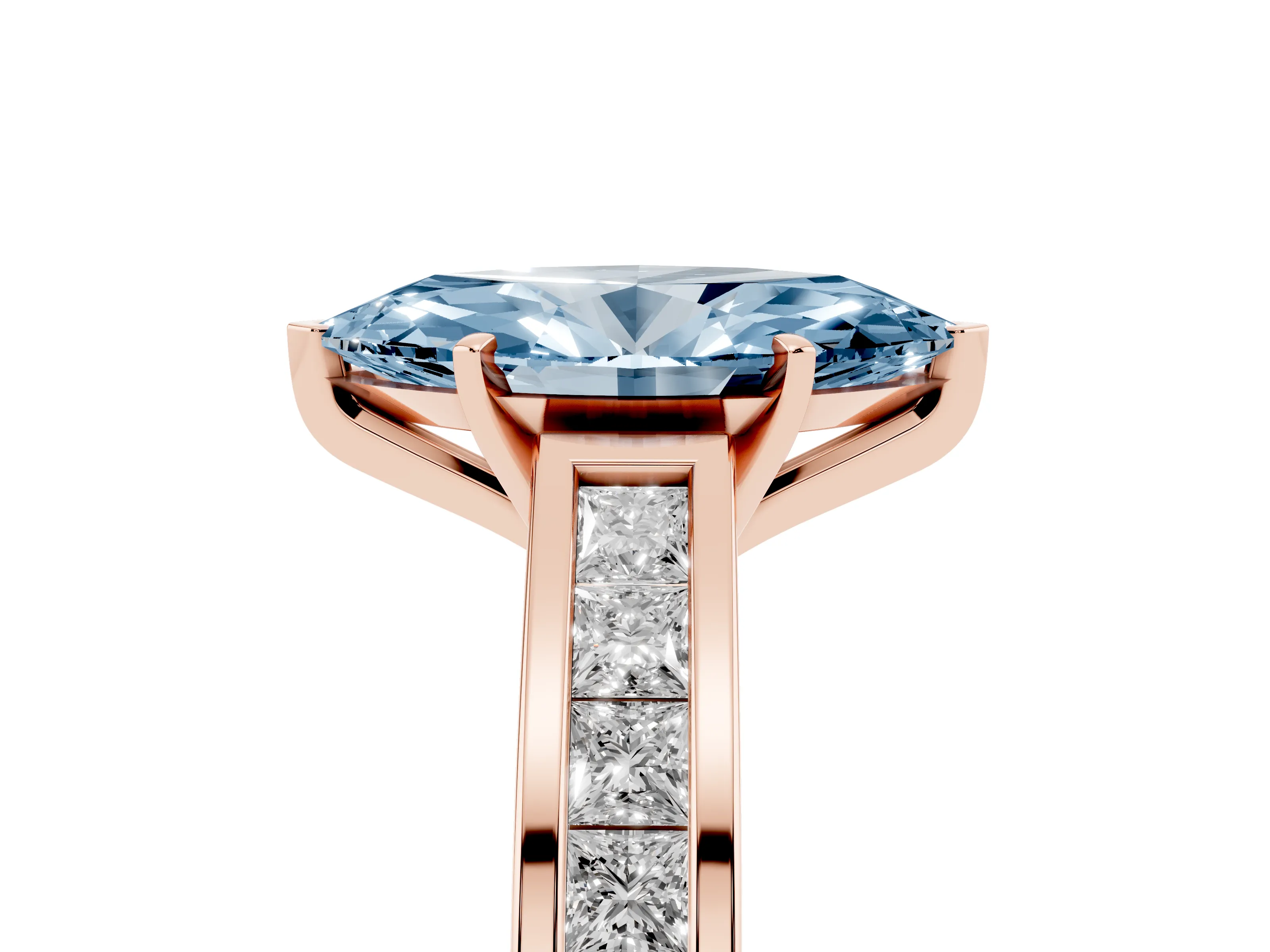 Fancy Blue Marquise Cut Diamond Solitaire Ring Set in Rose gold with Channel-Set Band and Prong Setting