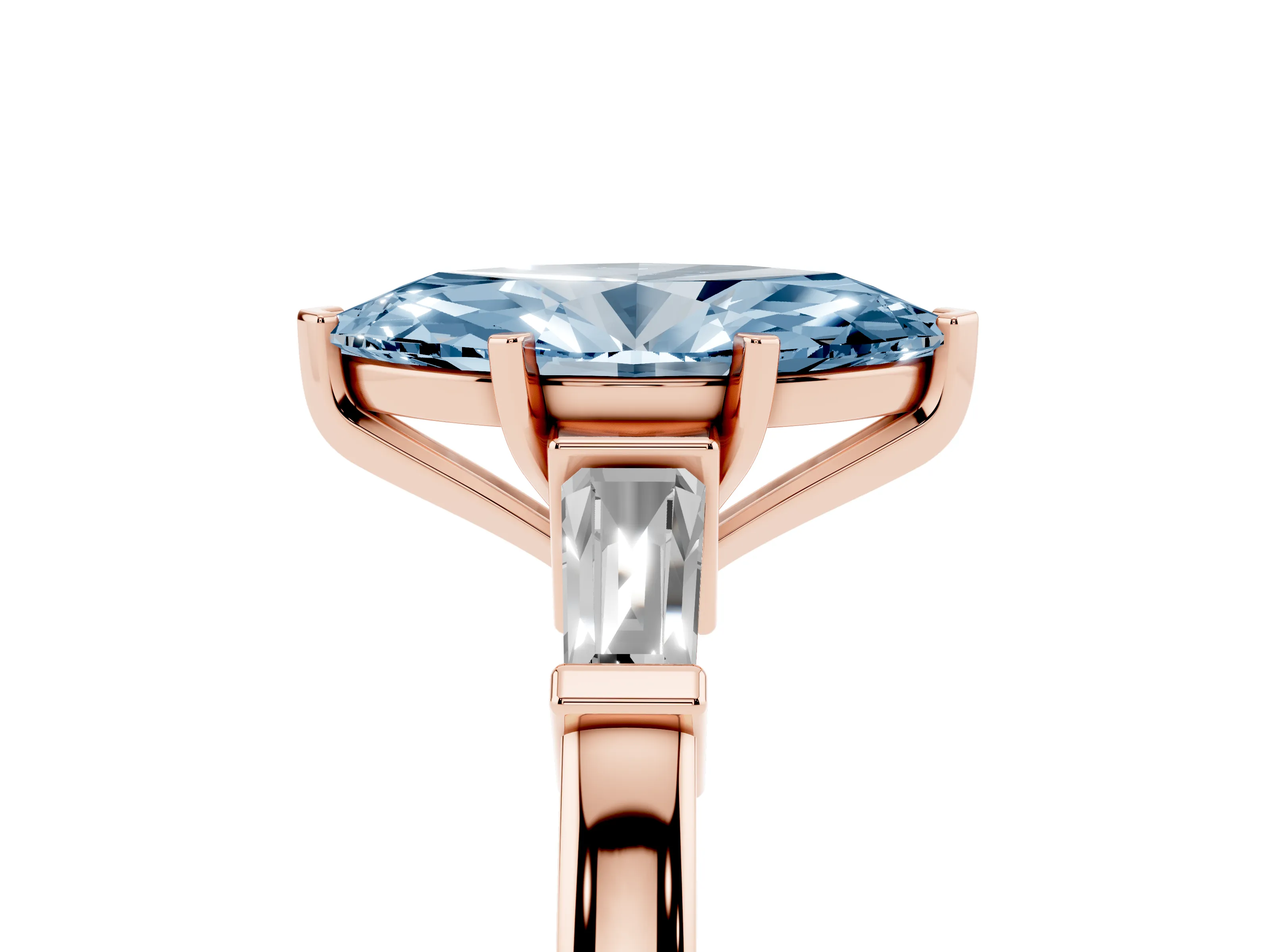 Fancy Blue Marquise Cut Diamond Solitaire Ring Set in Rose gold with Tapered Baguette Accents and Prong Setting