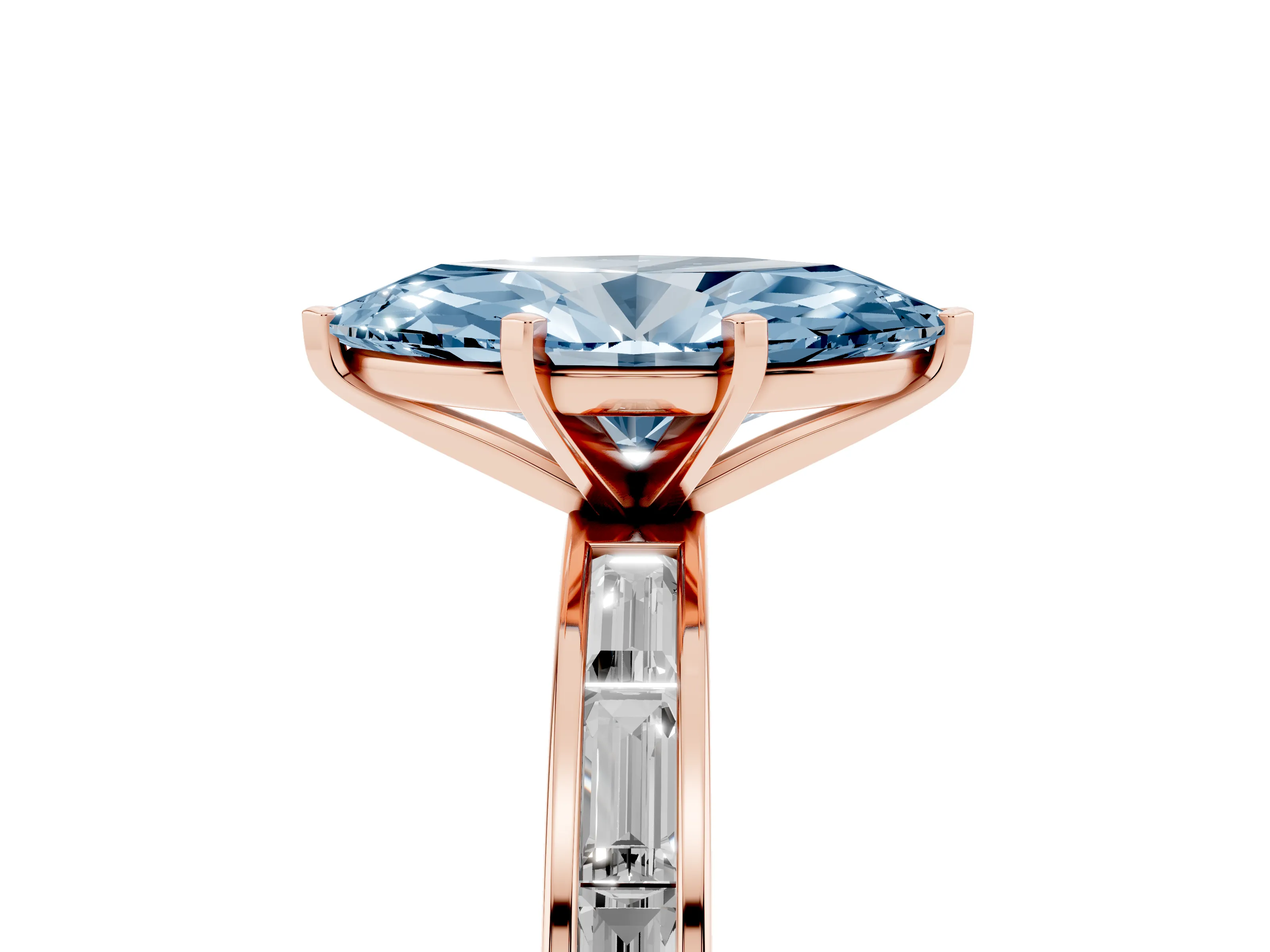 Fancy Blue Marquise Cut Diamond Solitaire Ring Set in Rose gold with Channel-Set Baguette Band and Prong Setting