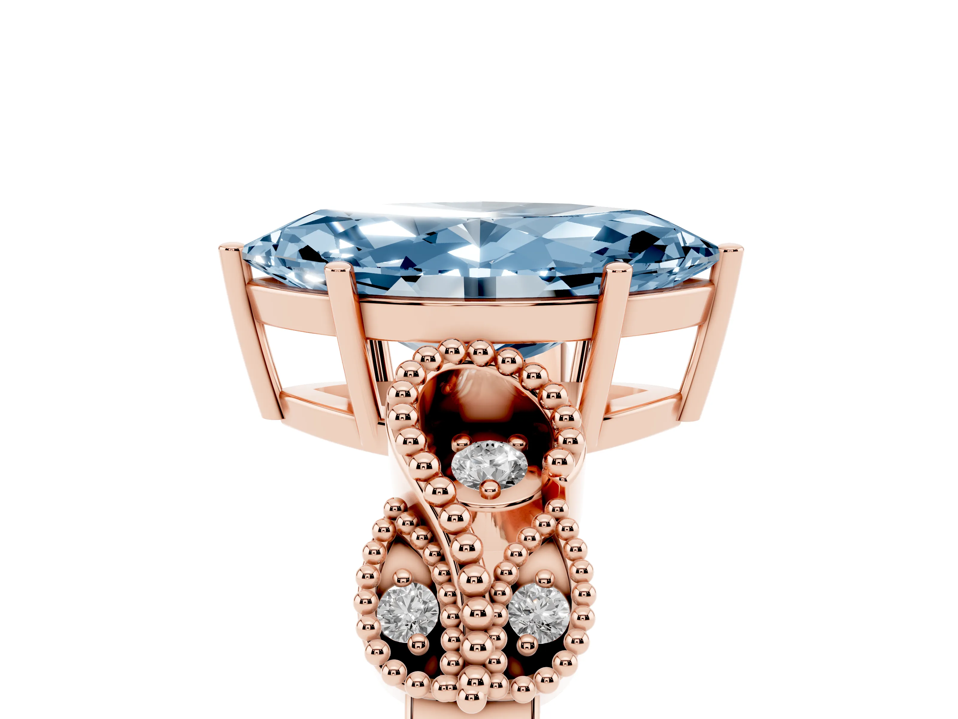 Fancy Blue Marquise Cut Diamond Milgrain Leaf Band Solitaire Ring Set in Rose gold with Accent Stones and Prong Setting