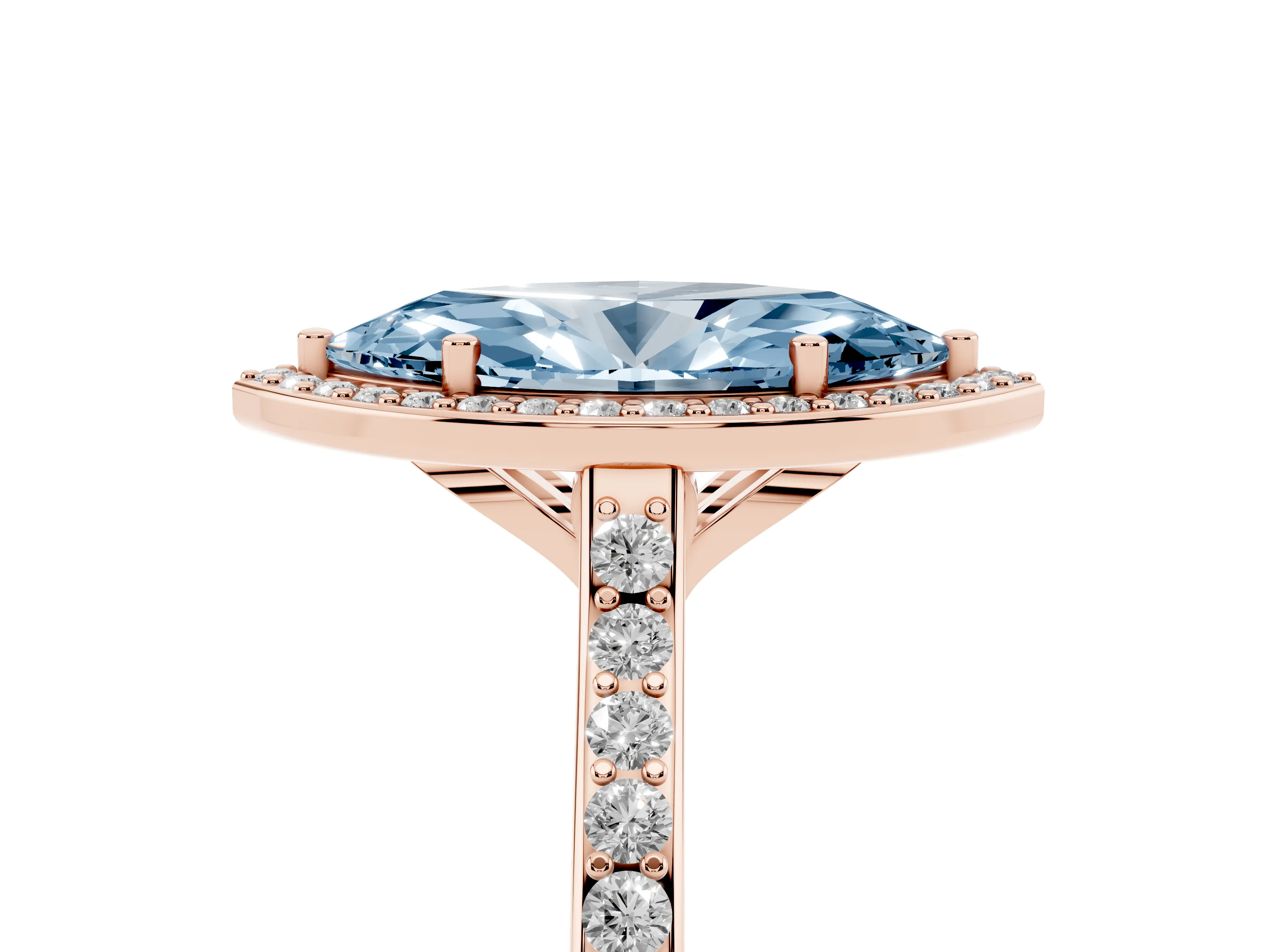 Fancy Blue Marquise Cut Diamond Halo Engagement Ring Set in Rose gold with Round Pavé Shoulders and Heart Gallery