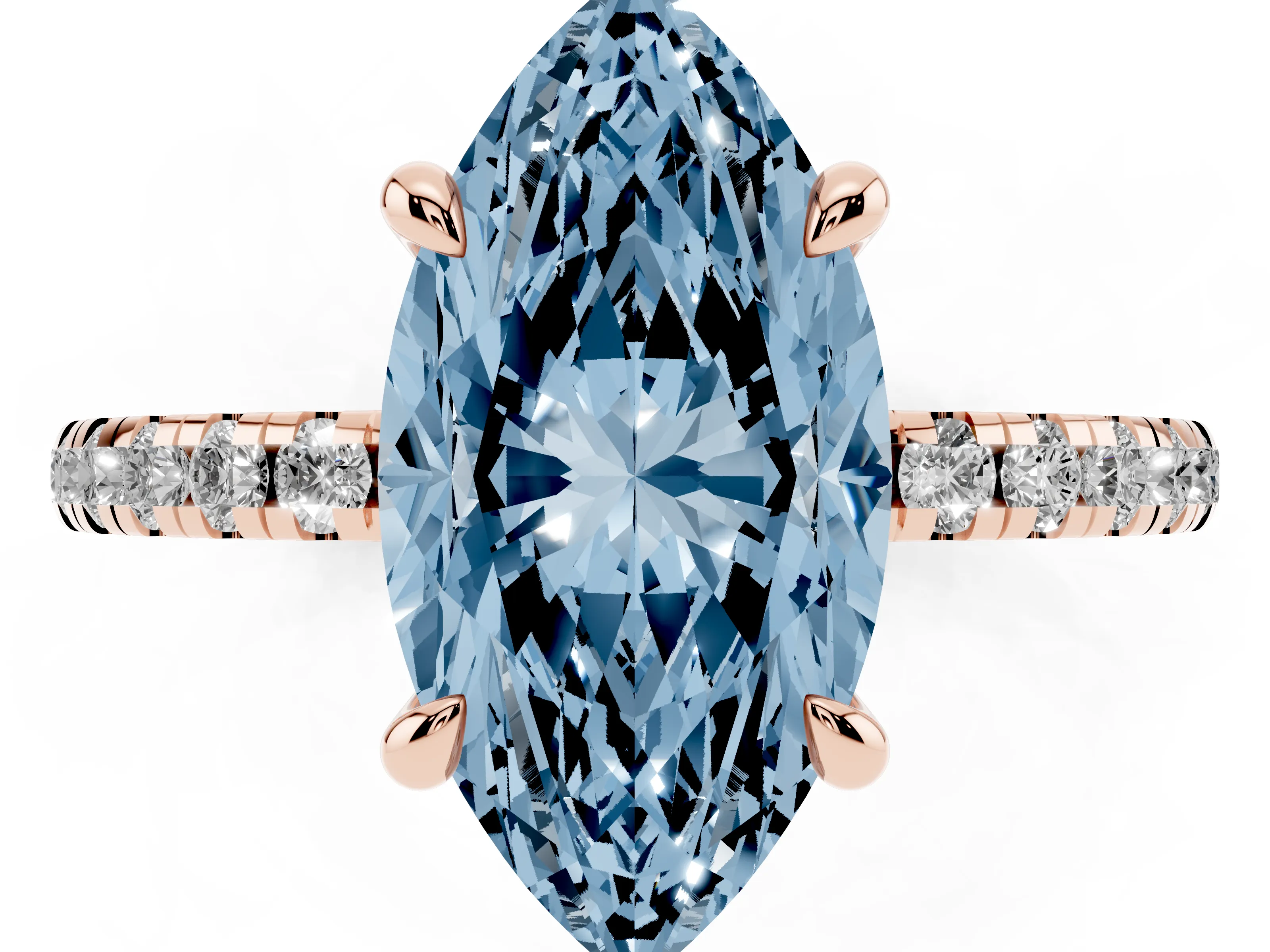 Fancy Blue Marquise Cut Diamond Brilliant Solitaire Ring Set in Rose gold with Pavé Band and Prong Setting