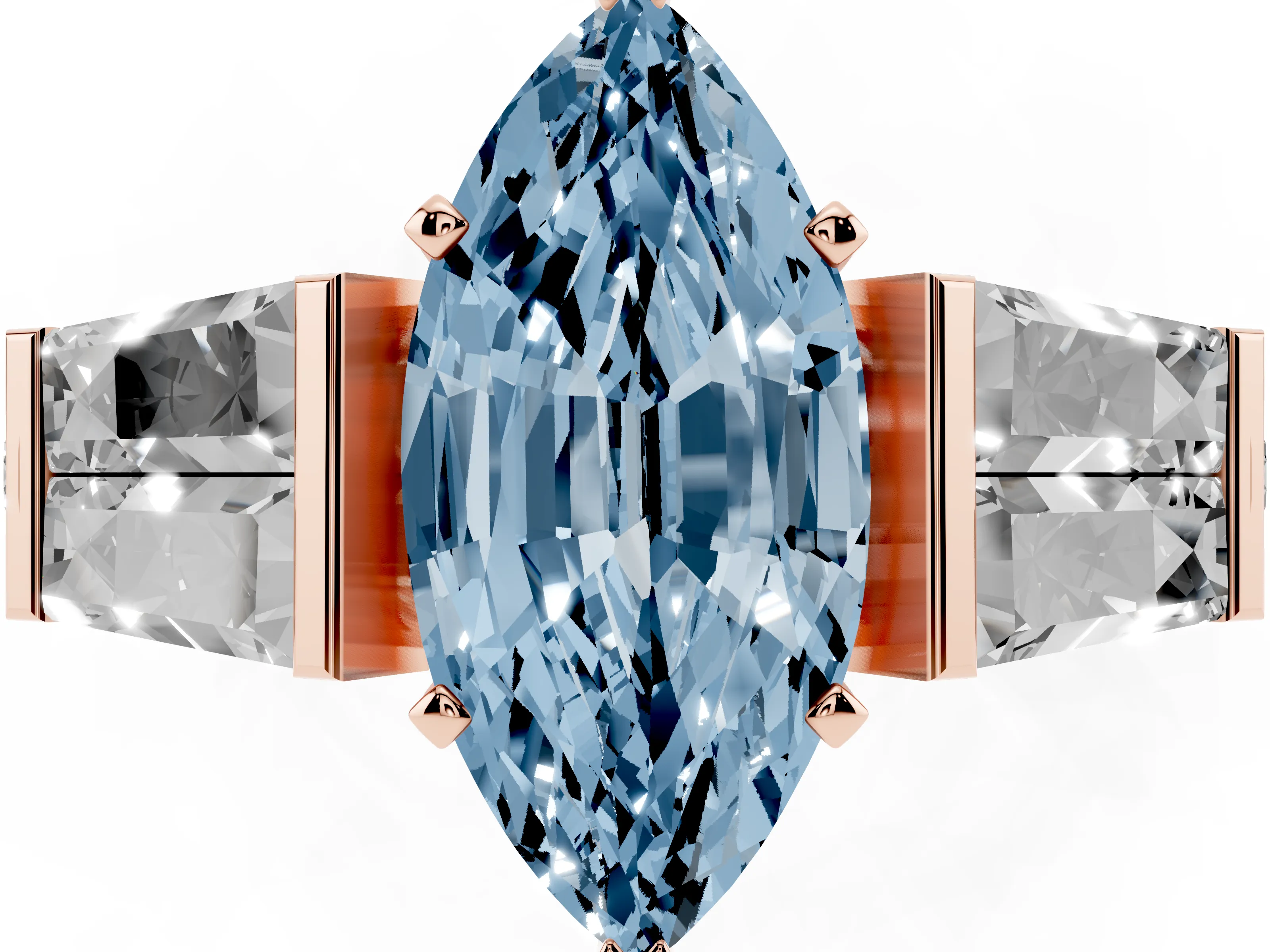 Fancy Blue Marquise Cut Diamond Engagement Ring Set in Rose gold with Baguette Side Stones and Channel Set Band