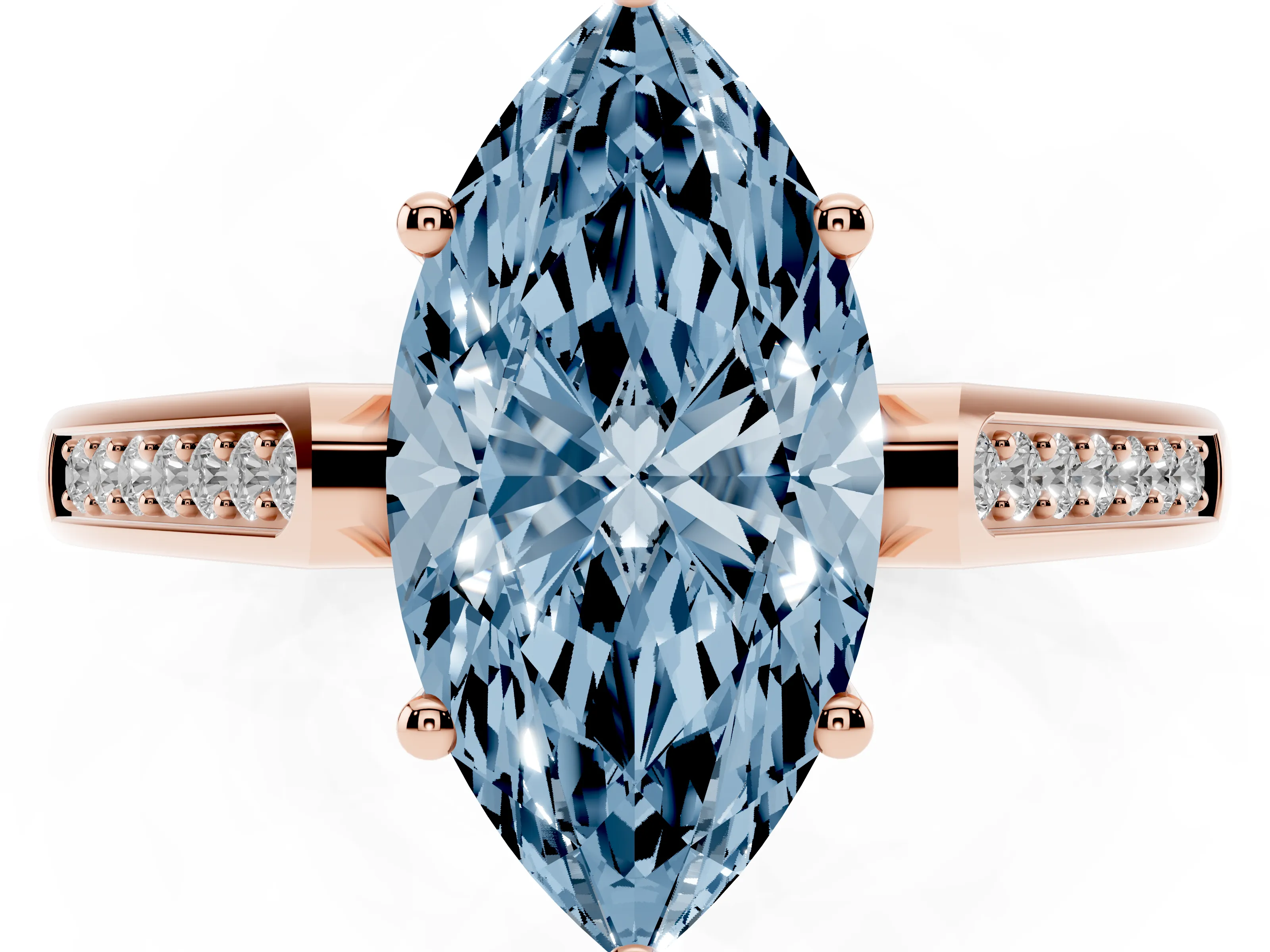 Fancy Blue Marquise Cut Diamond Solitaire Cathedral Engagement Ring Set in Rose gold with Channel-Set Band and Prong Setting