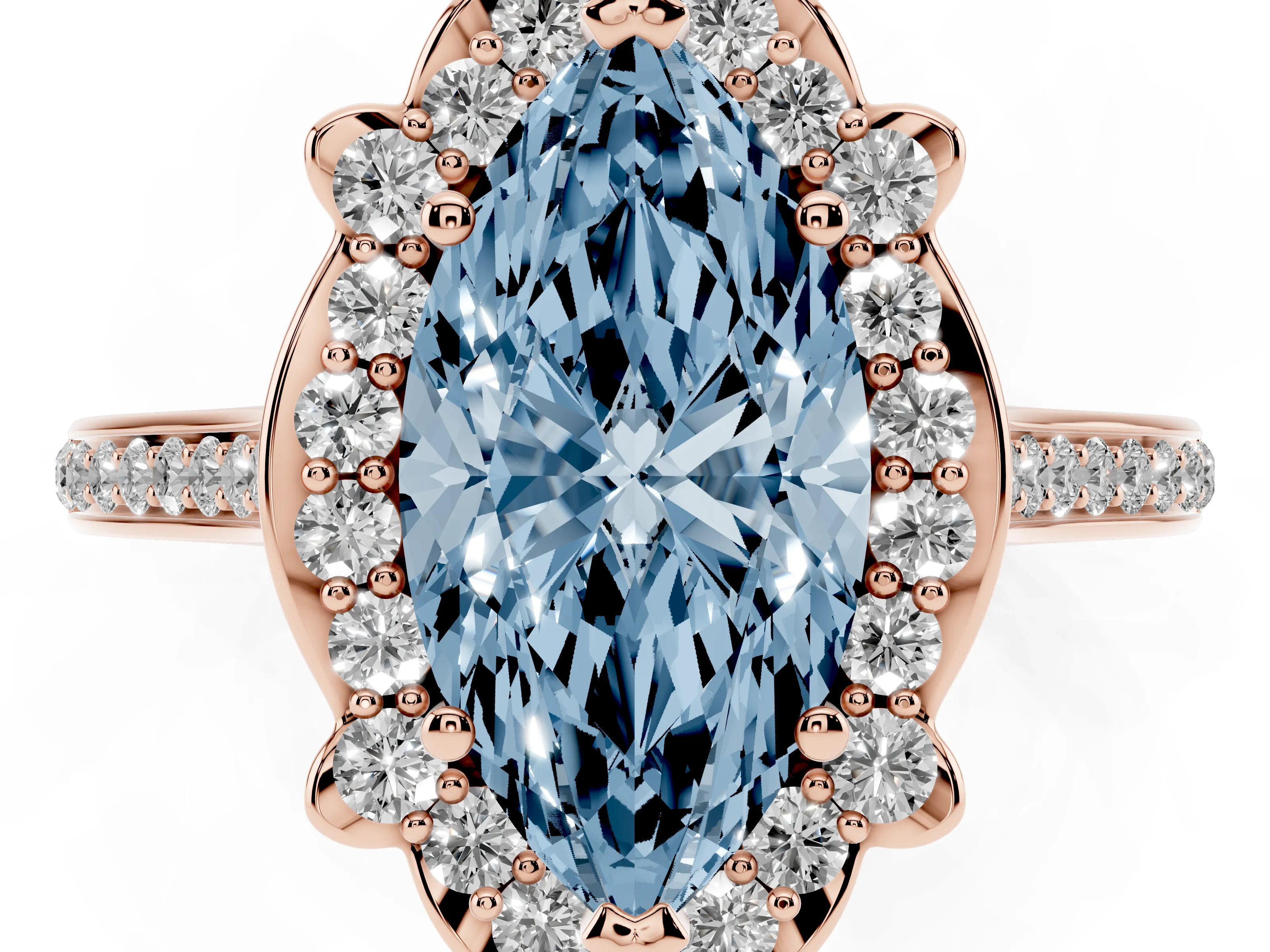 Fancy Blue Marquise Cut Diamond Halo Ring Set in Rose gold with Pavé-Lined Shoulders and Prong Setting