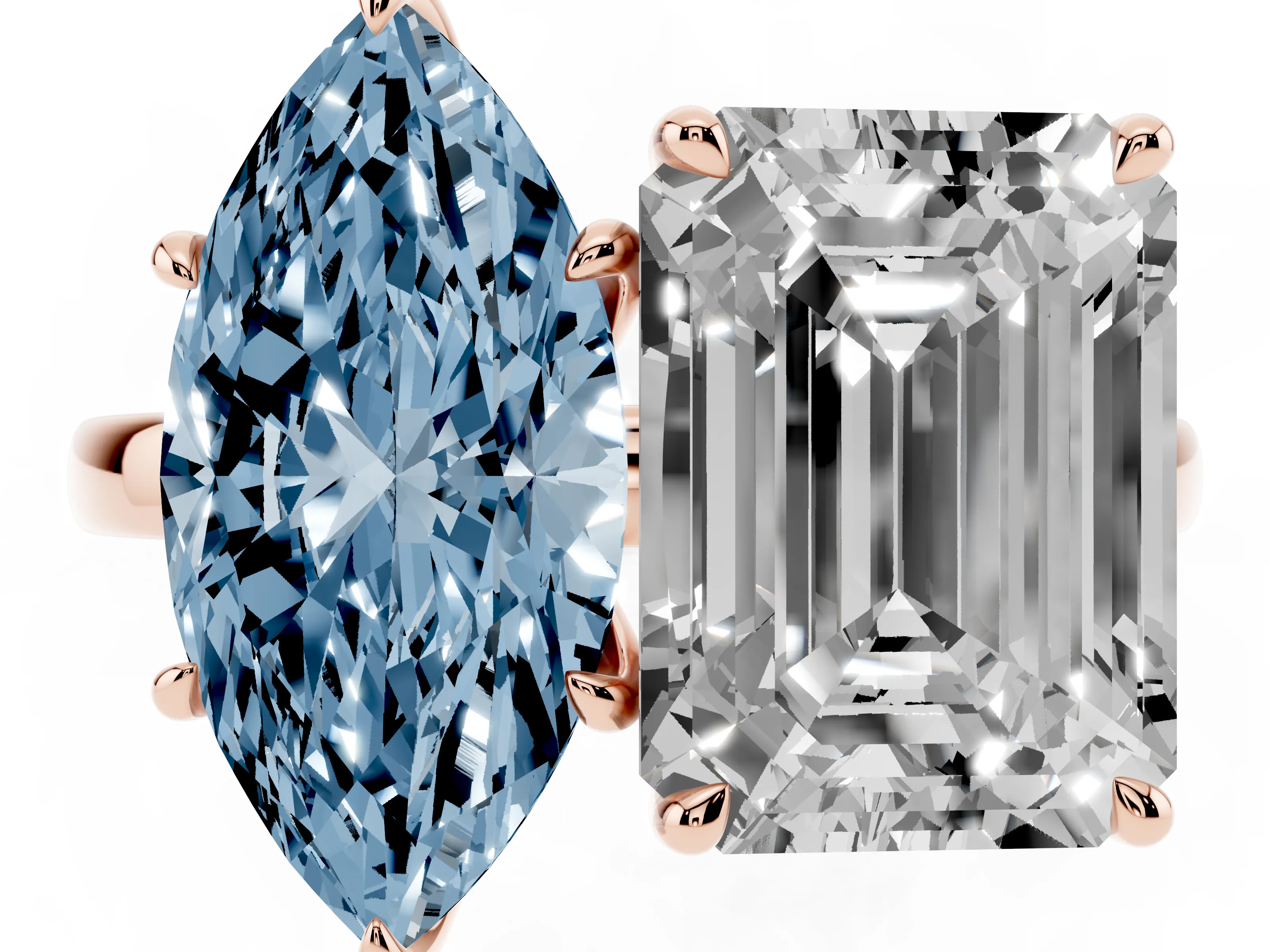 Fancy Blue Marquise Cut and Emerald Cut Toi Moi Ring Set in Rose gold with Prong Setting