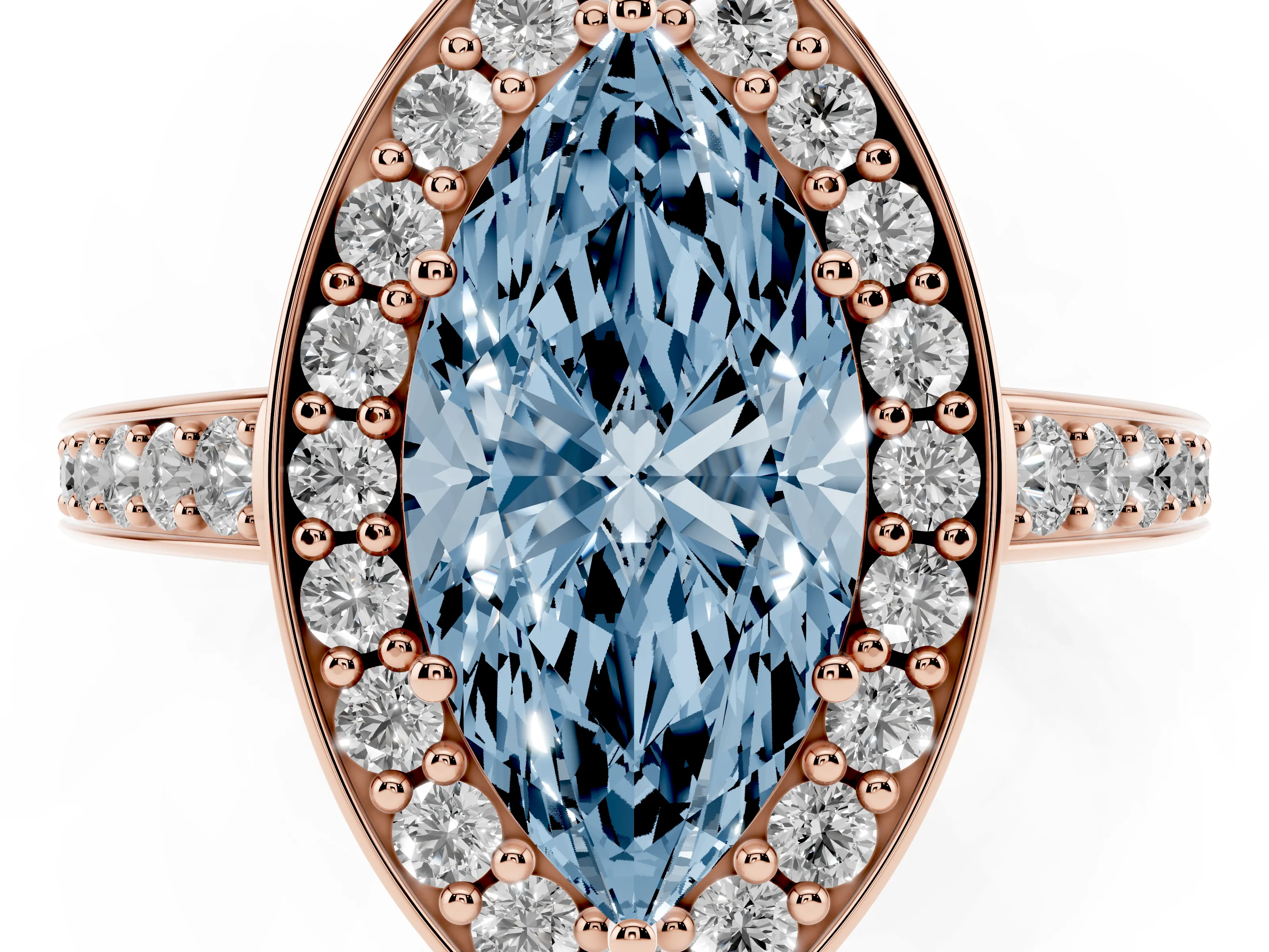 Fancy Blue Marquise Cut Diamond Halo Pavé Engagement Ring Set in Rose gold with Bezel Setting