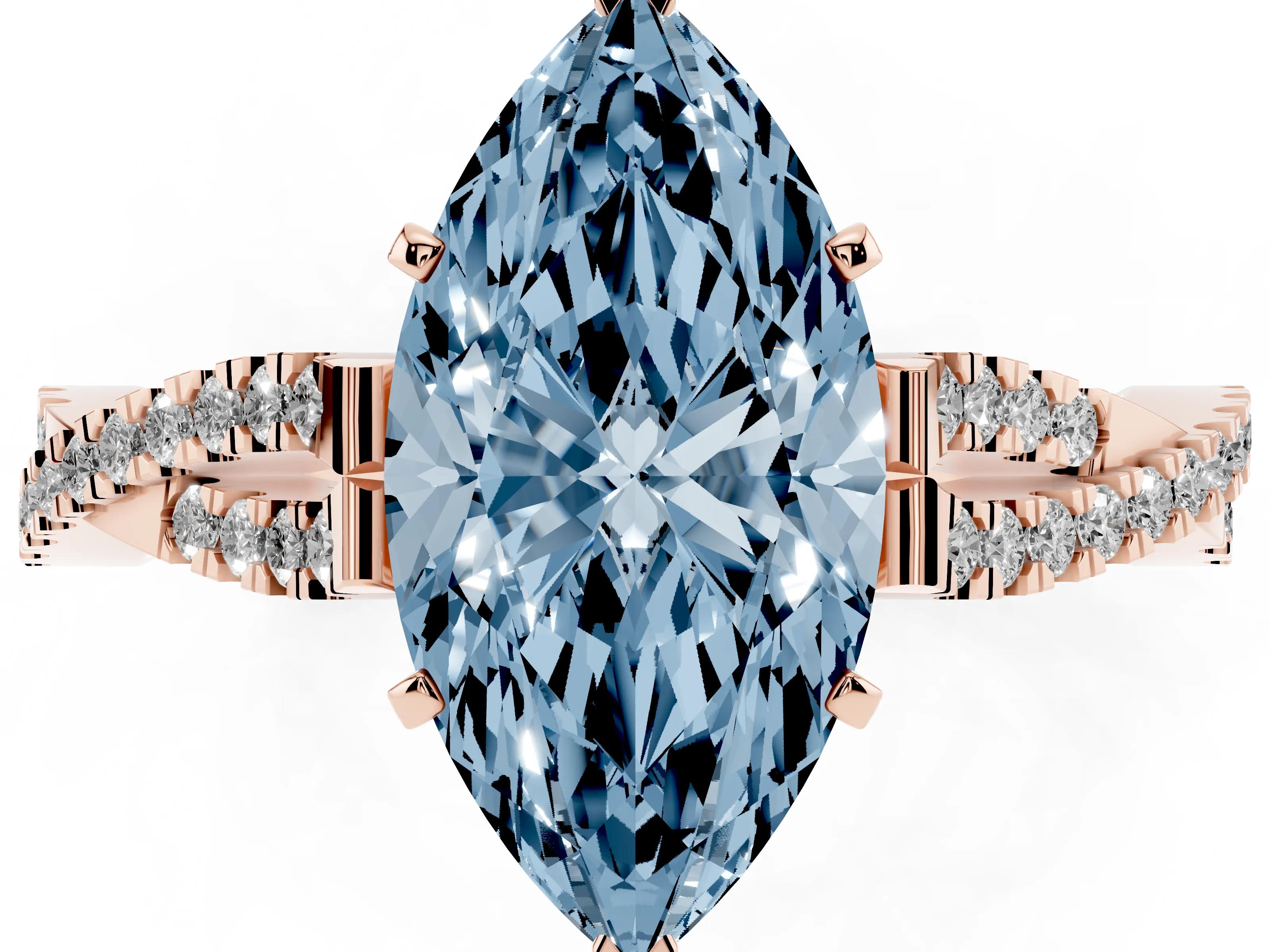Fancy Blue Marquise Cut Diamond Solitaire Engagement Ring Set in Rose gold with Twisted Pavé Band and Prong Setting